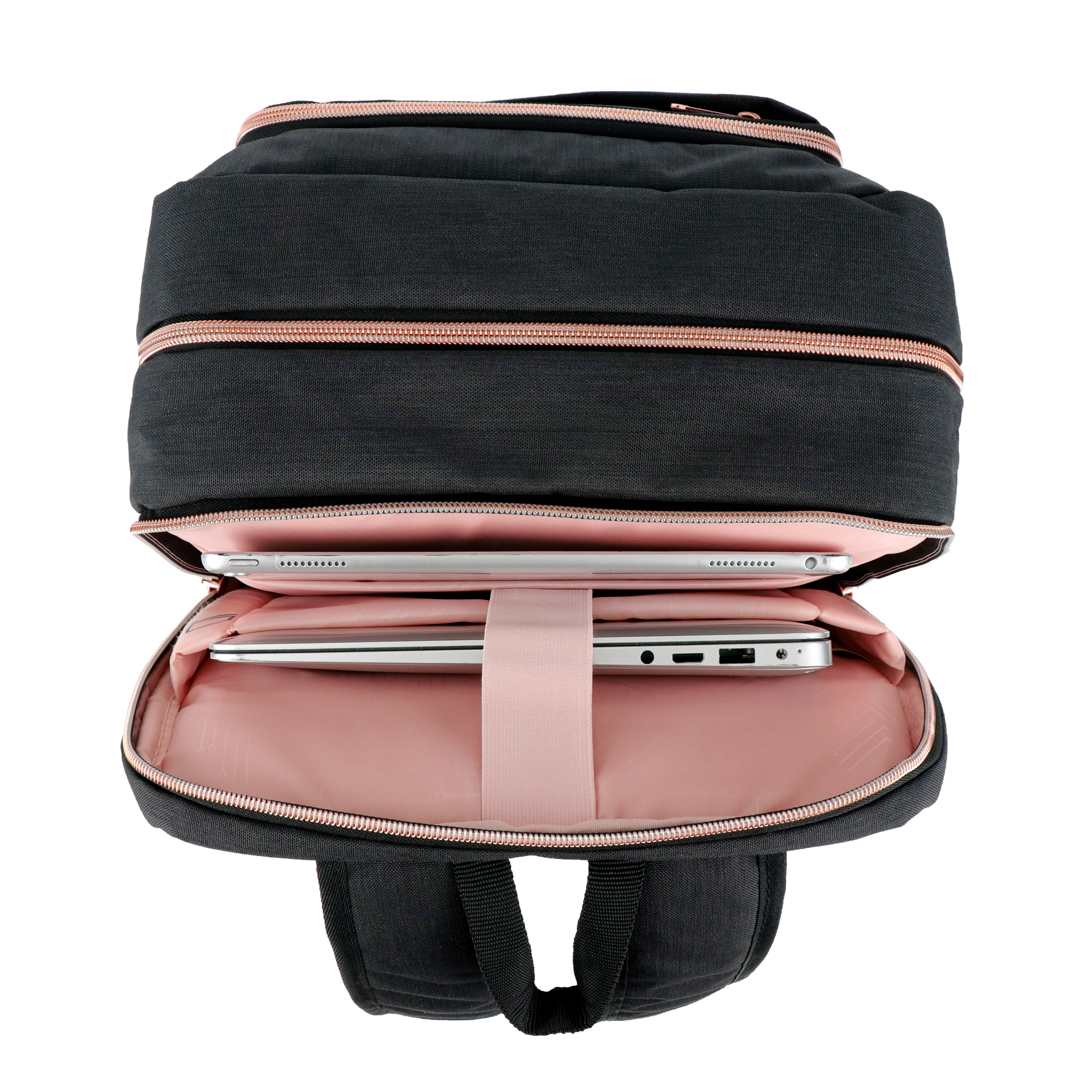 Zaino nero con cerniere oro rosa, aperto per rivelare un laptop e un tablet all'interno, interno rosa, sfondo bianco.