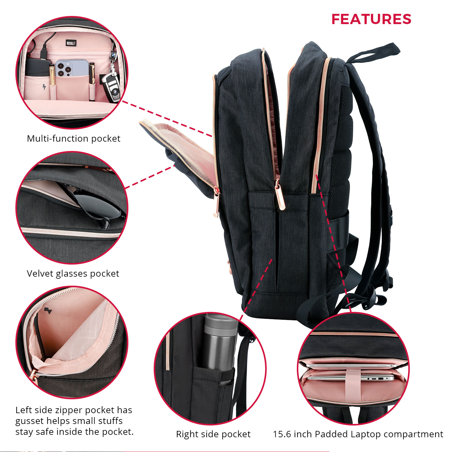 Uno zaino nero con più tasche, tra cui uno scomparto per laptop e una tasca per occhiali. Le caratteristiche includono una tasca multifunzione.