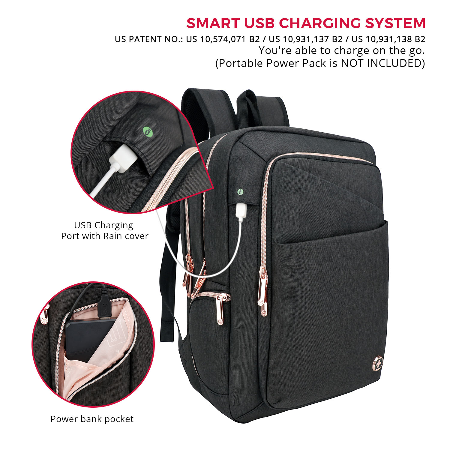 Zaino nero con cerniere e dettagli oro rosa, porta di ricarica USB e tasca per power bank. Testo: Smart USB Charging System.