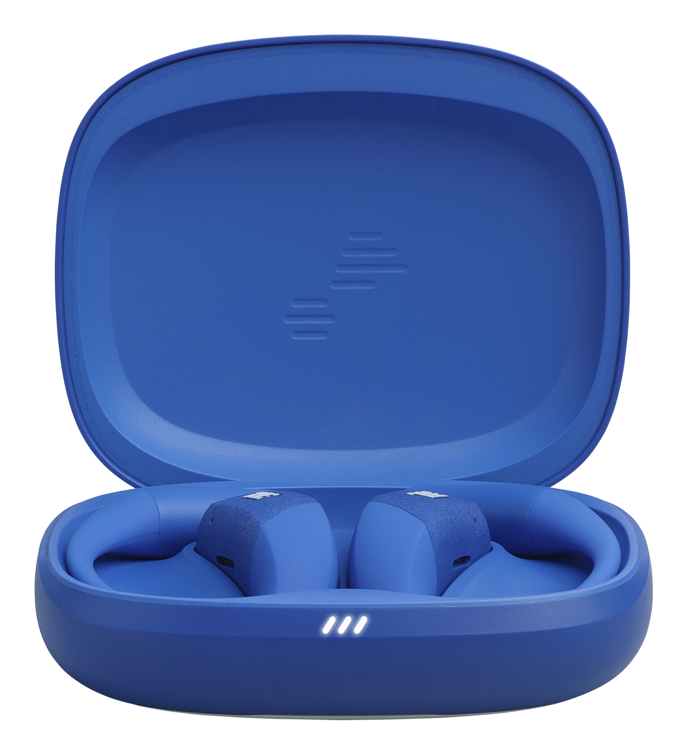 Custodia blu per auricolari con coperchio aperto, che rivela due auricolari. Tre luci bianche sono visibili sulla custodia.