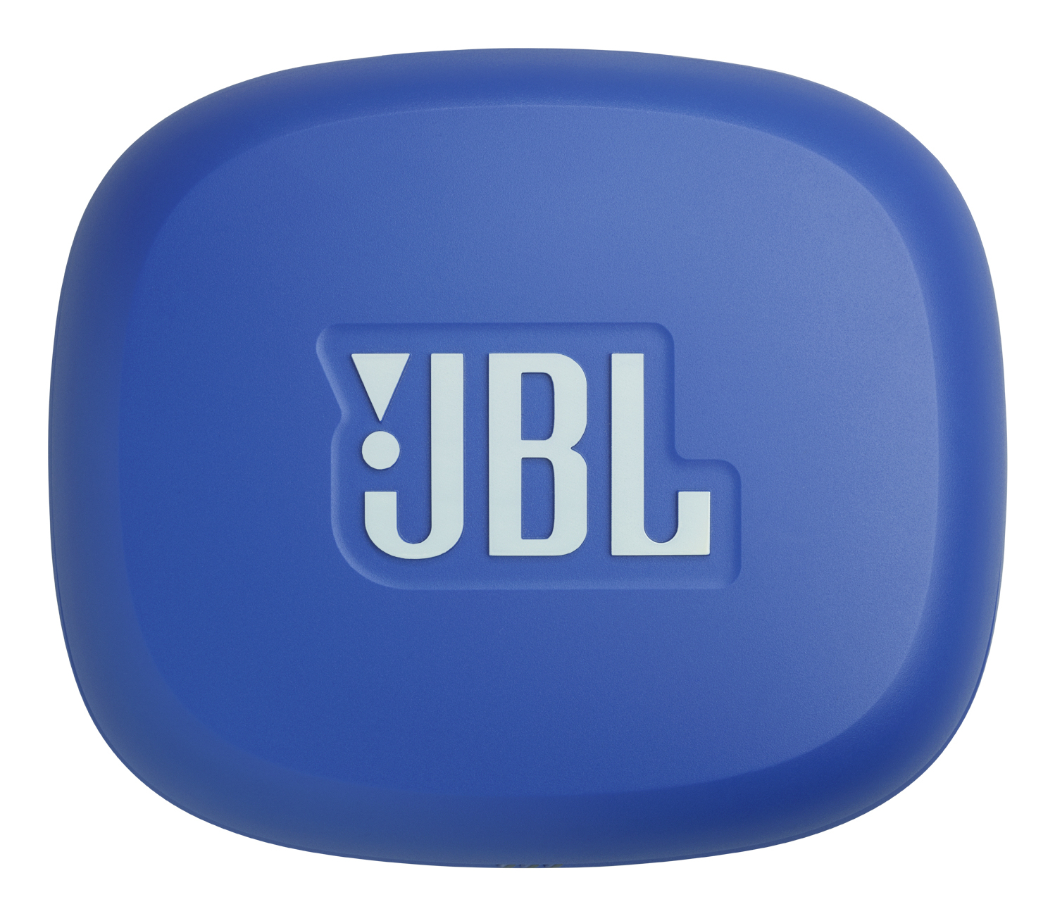 Una custodia blu e arrotondata con il logo bianco 'JBL' al centro. Lo sfondo è bianco.