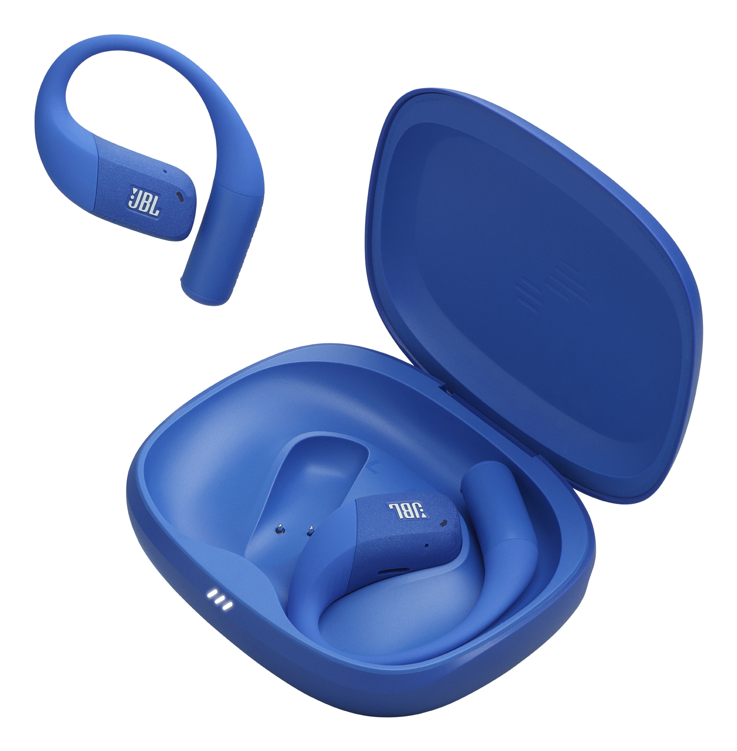 Auricolari JBL blu, uno staccato, l'altro in una custodia aperta. Sfondo bianco.
