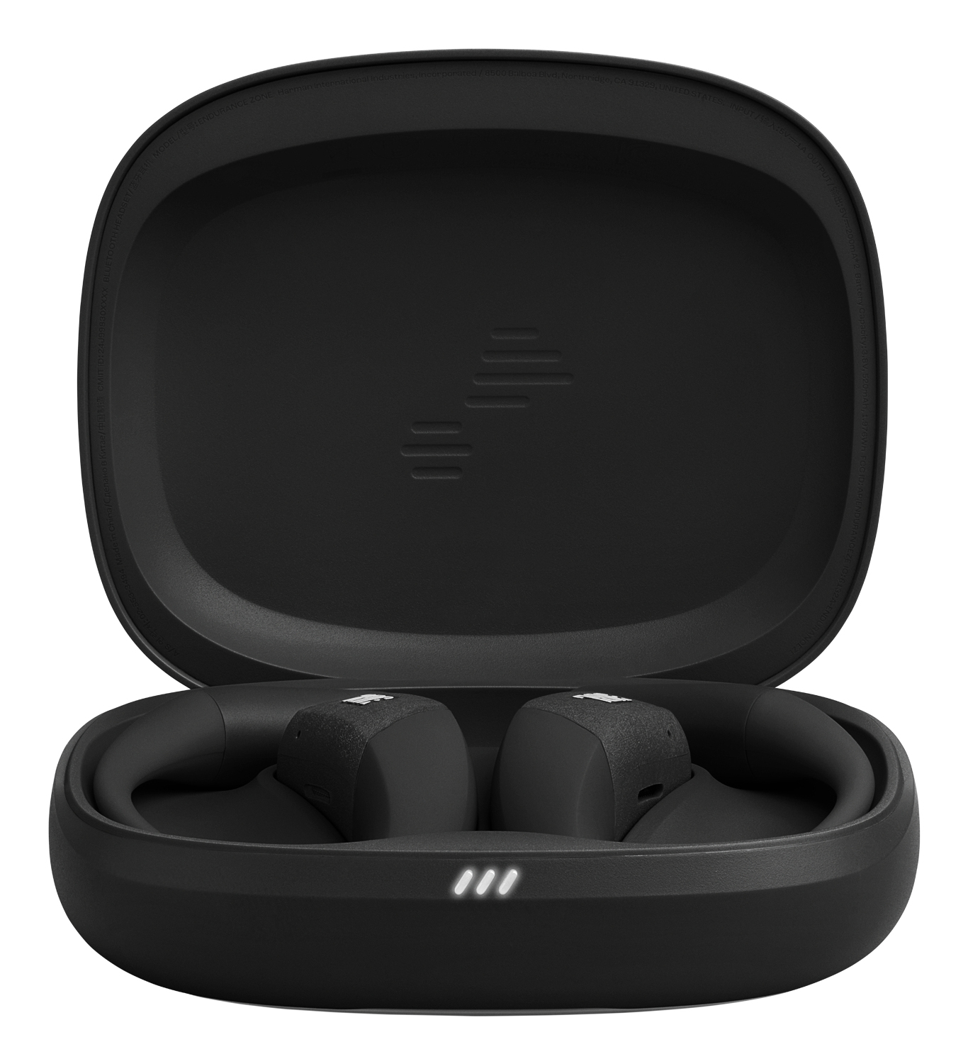 Auricolari wireless neri nella loro custodia di ricarica aperta. Custodia e auricolari sono neri. Tre luci bianche indicano il livello di carica.
