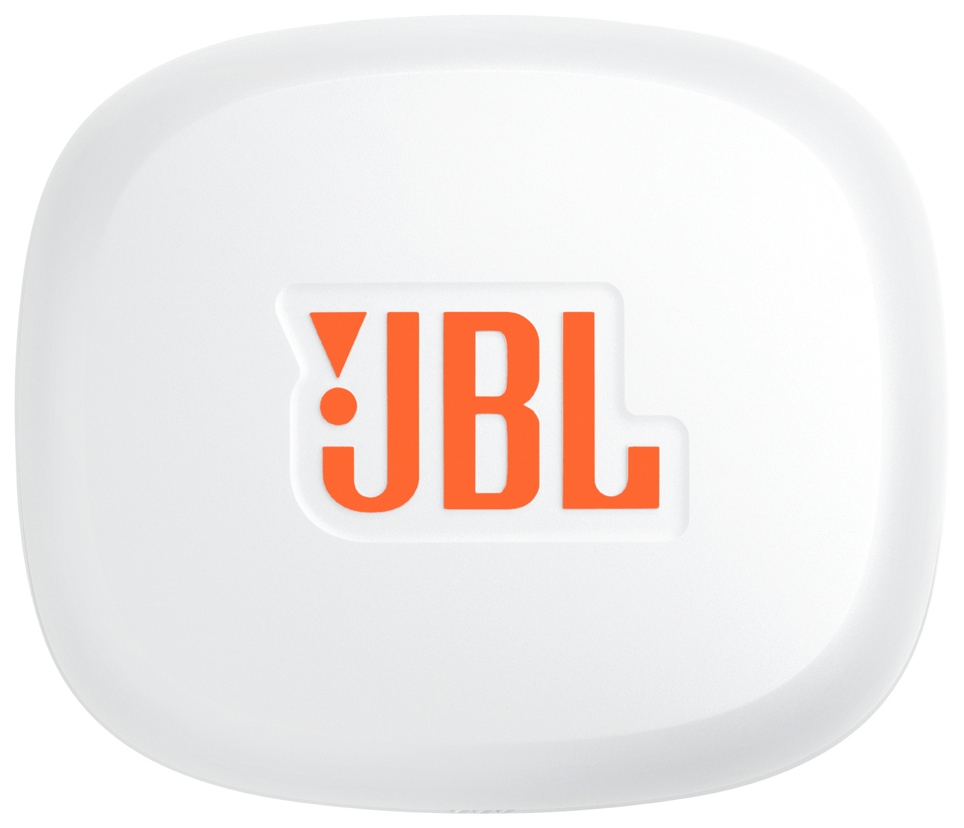 Custodia bianca con logo JBL arancione. La custodia è arrotondata e di forma quadrata. Il logo è al centro.