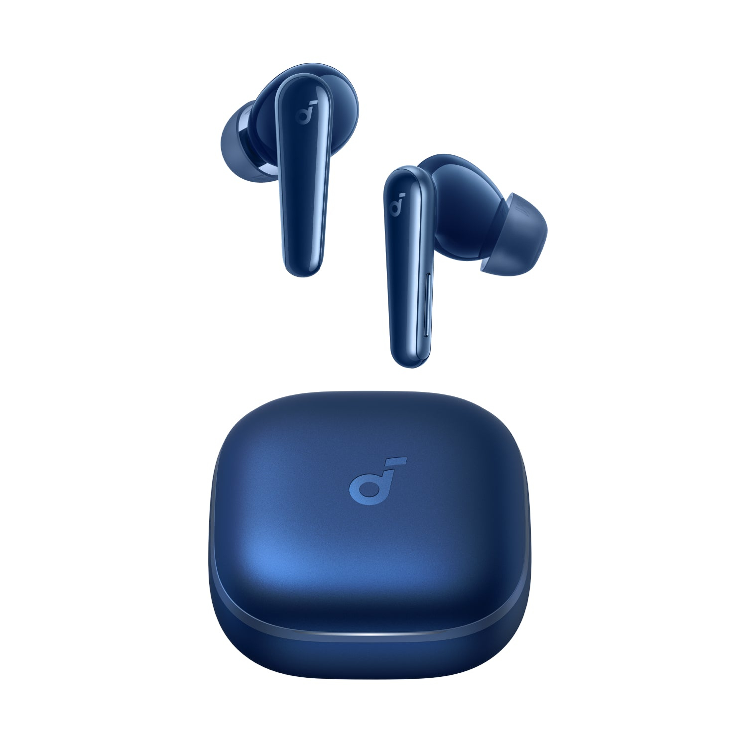 Auricolari wireless blu e custodia di ricarica su sfondo bianco. Gli auricolari sono sopra la custodia.