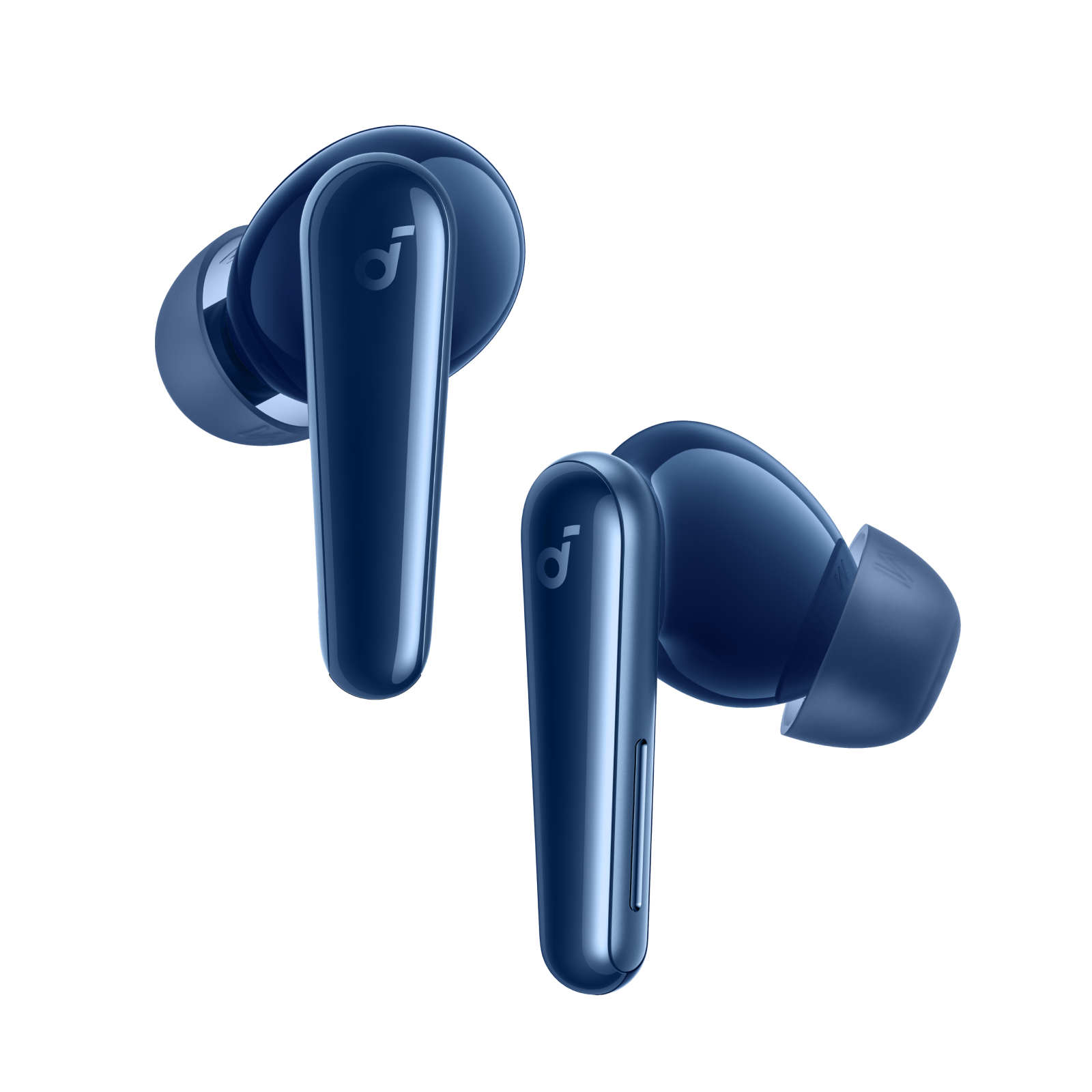 Due auricolari blu wireless isolati su sfondo bianco. Ogni auricolare ha uno stelo e un puntale in silicone.