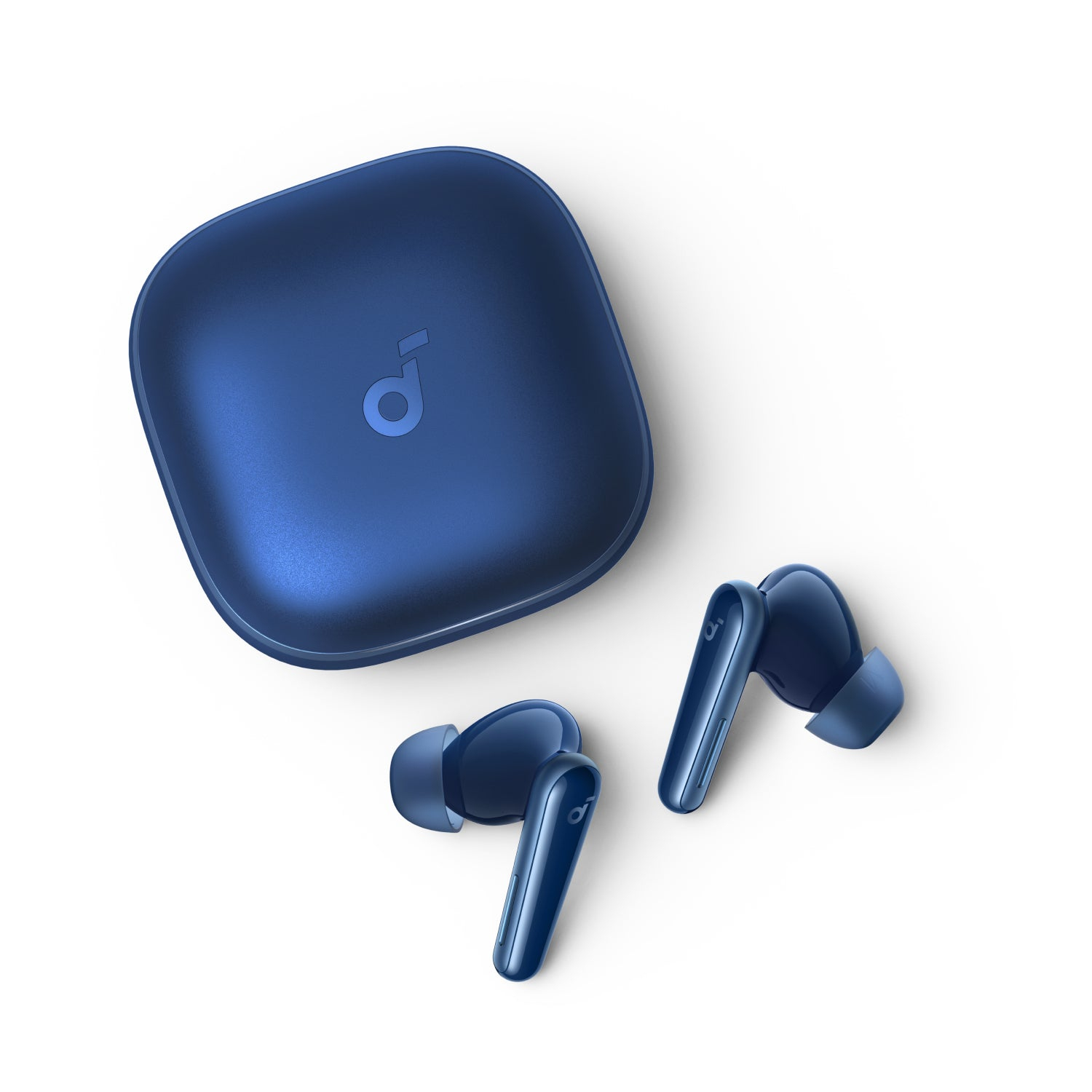 Auricolari wireless blu e custodia di ricarica su sfondo bianco. La custodia è aperta e sono visibili due auricolari.