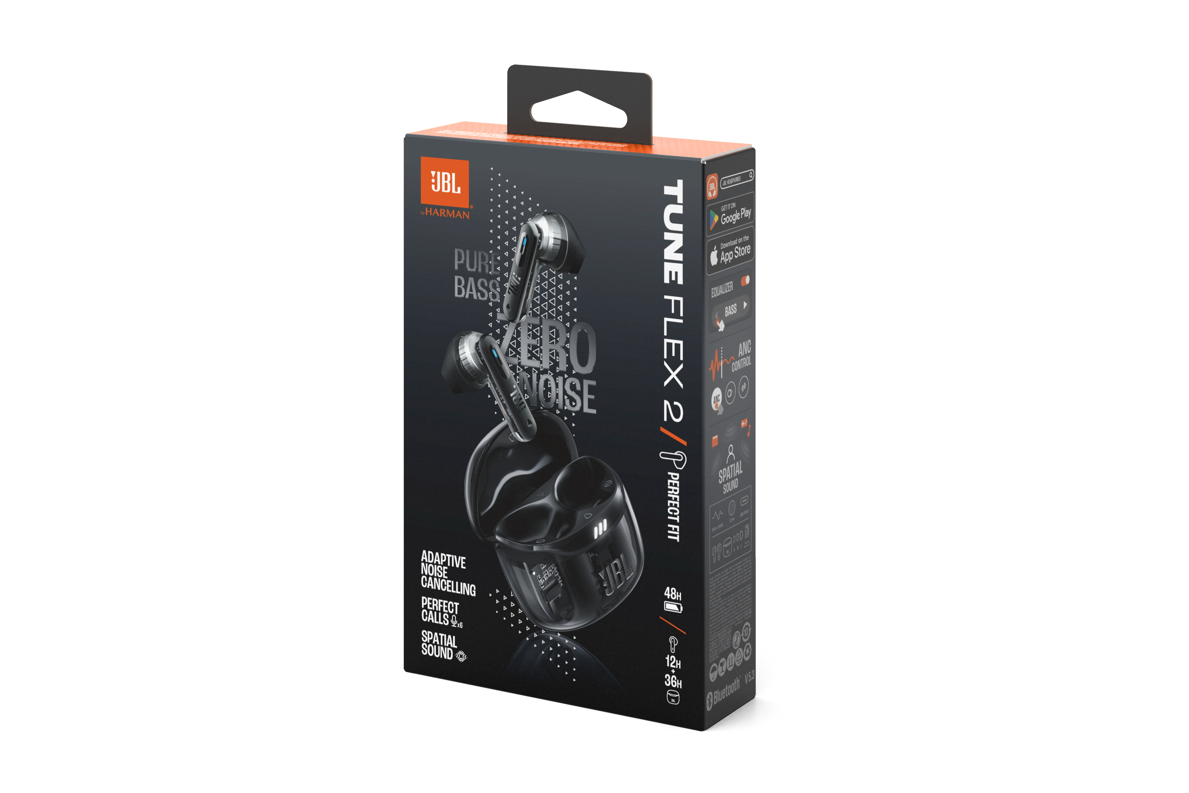 Scatola JBL Tune Flex 2. Scatola nera con cuffie. Include cancellazione del rumore e suono spaziale.