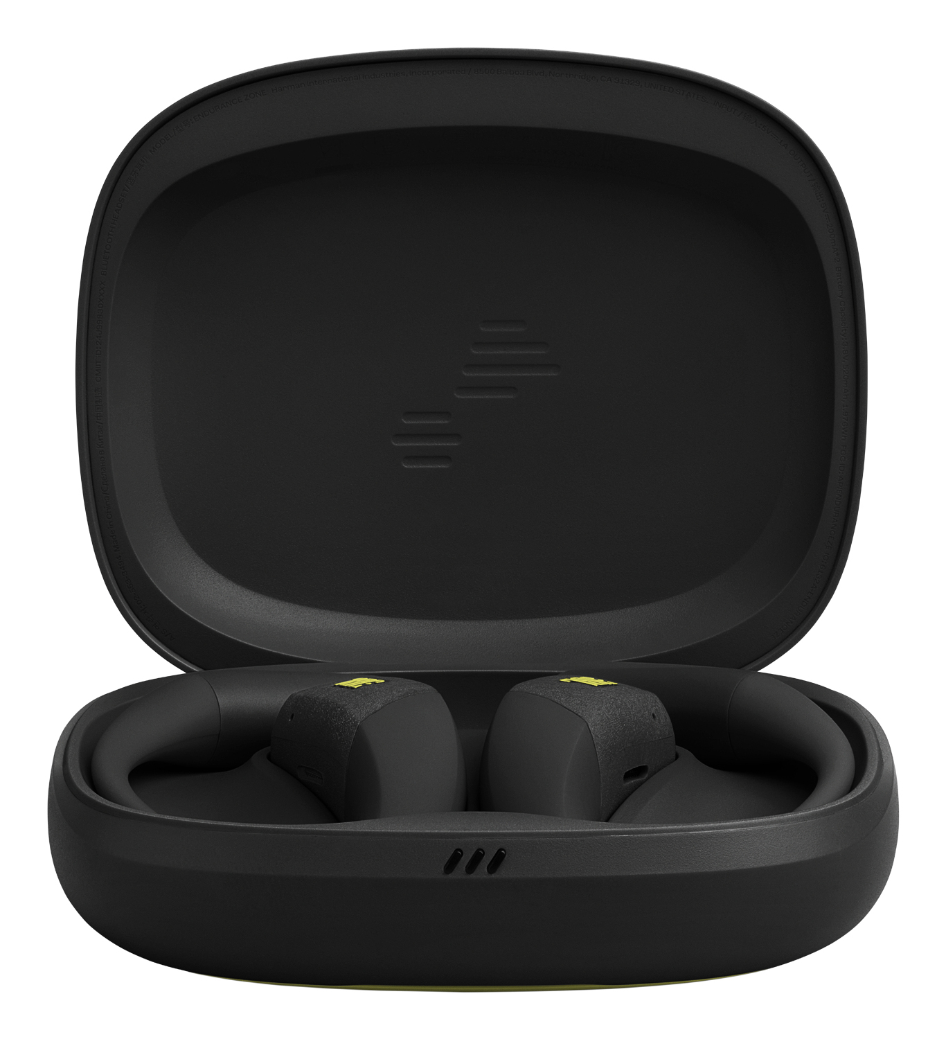 Auricolari neri all'interno di una custodia nera aperta. Logo giallo su ciascun auricolare. La custodia ha un design curvo e tre piccole luci.
