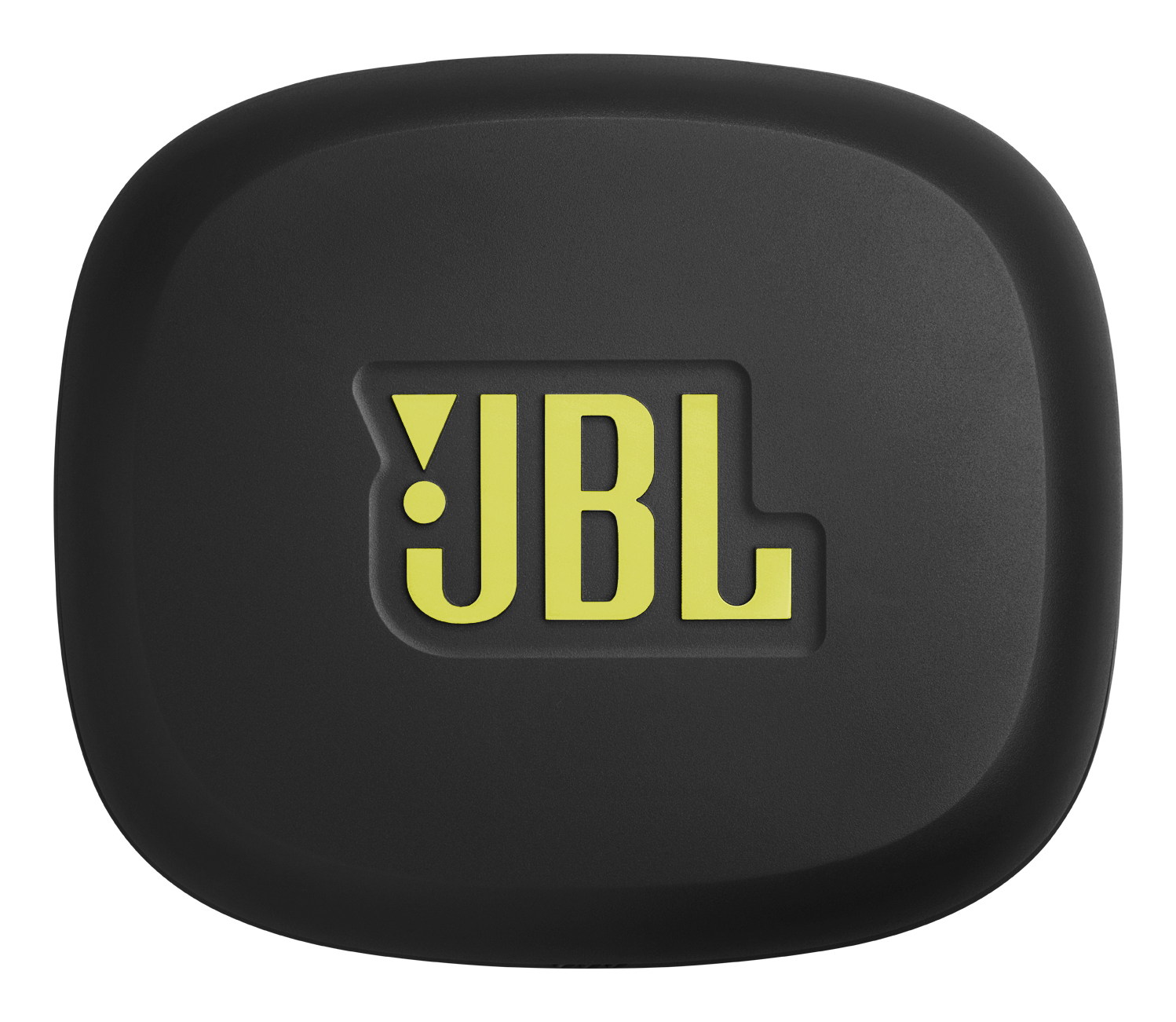 Una custodia JBL nera con logo JBL giallo. La custodia è arrotondata e liscia. Il logo è centrato.