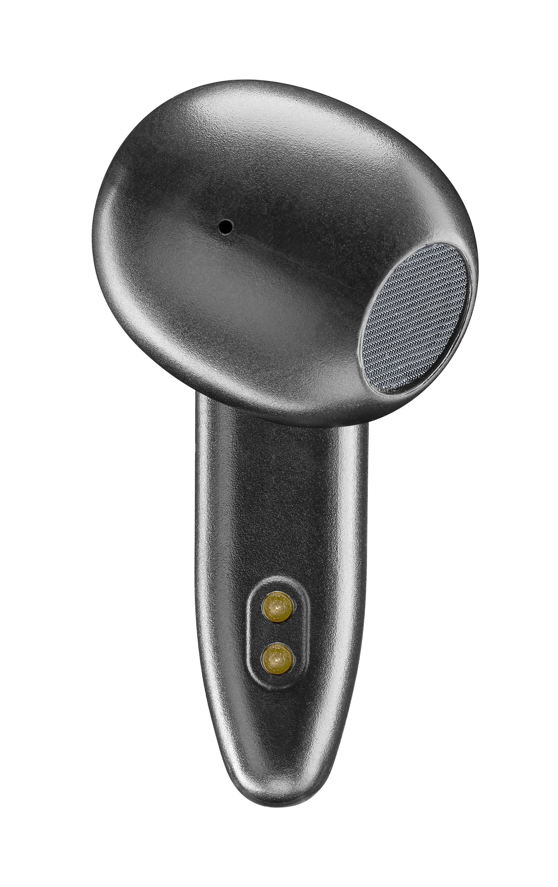 Primo piano di un auricolare nero. Ha una parte superiore arrotondata con un'apertura coperta di rete e uno stelo con due punti gialli.
