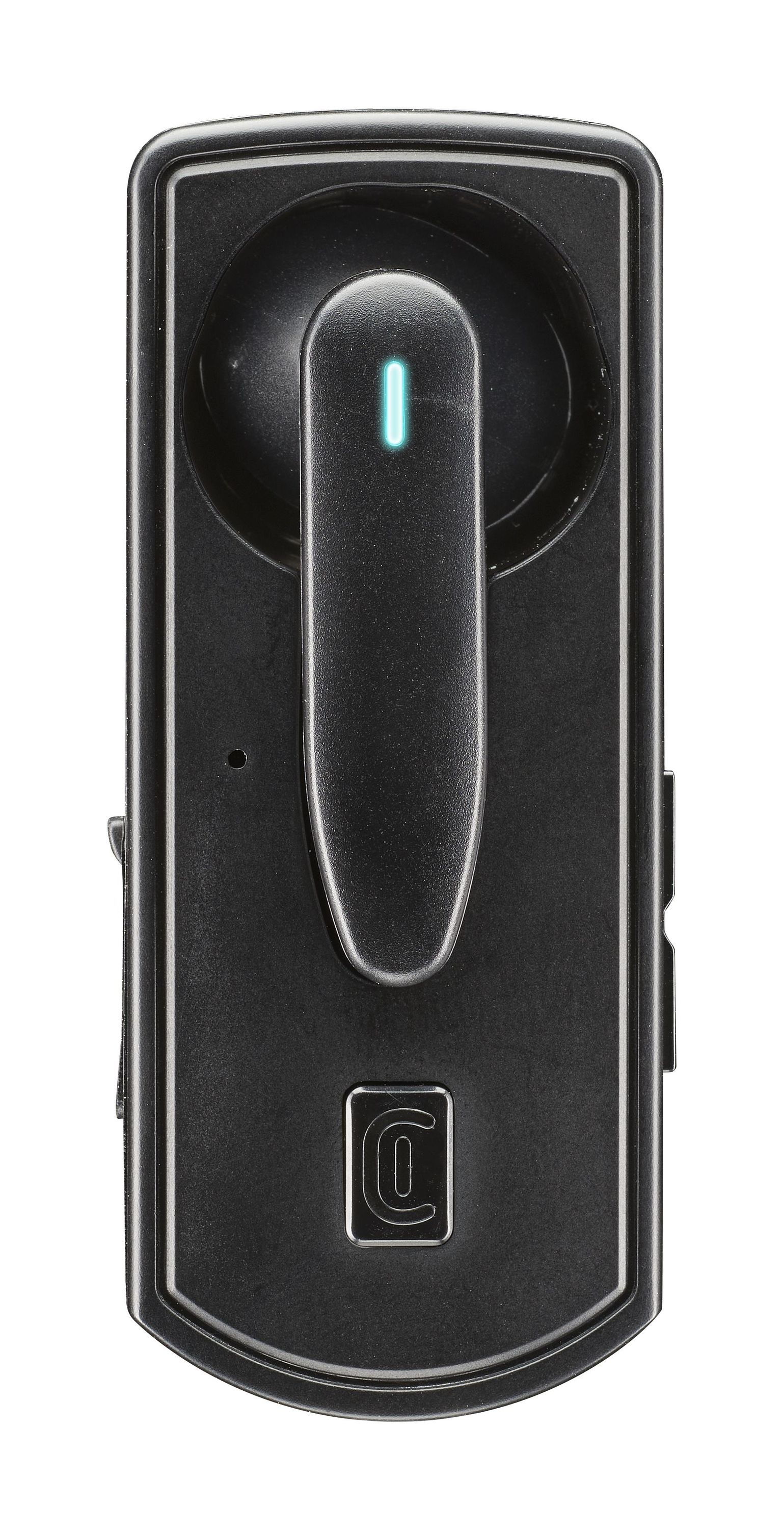 Serratura intelligente nera con una striscia luminosa e logo 'C' in basso. Il dispositivo è rettangolare con la parte superiore arrotondata.
