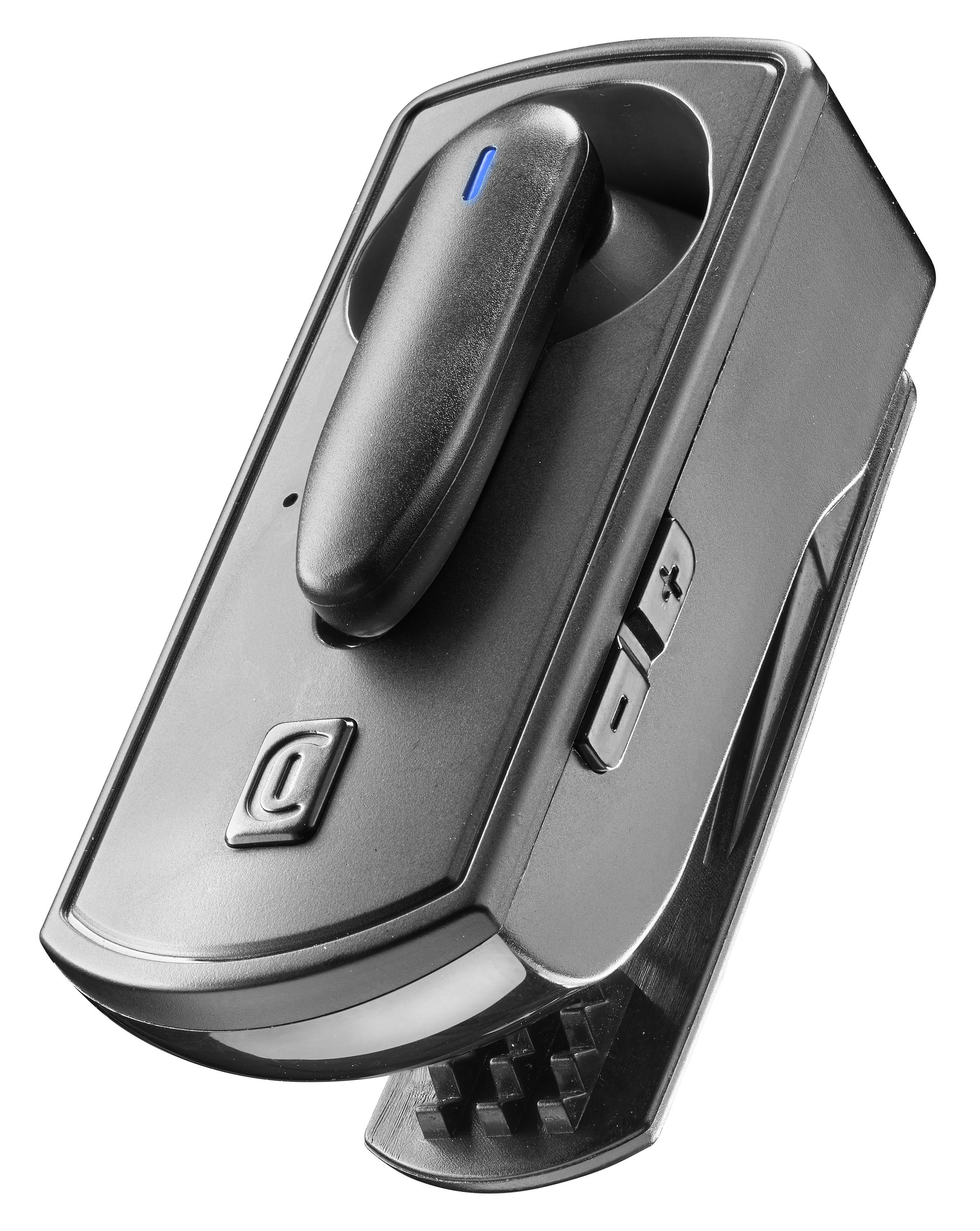 Un auricolare Bluetooth nero, con clip. Ha un design curvo, una luce blu e pulsanti del volume.