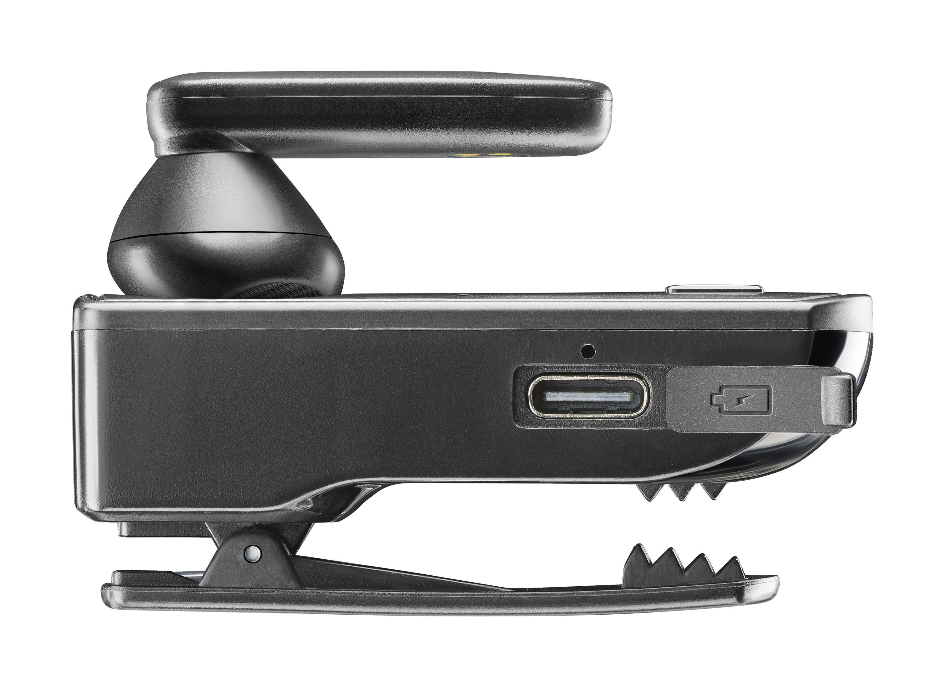 Cuffia Bluetooth nera, vista laterale. Ha una clip, un auricolare e una porta di ricarica. Lo sfondo è bianco.