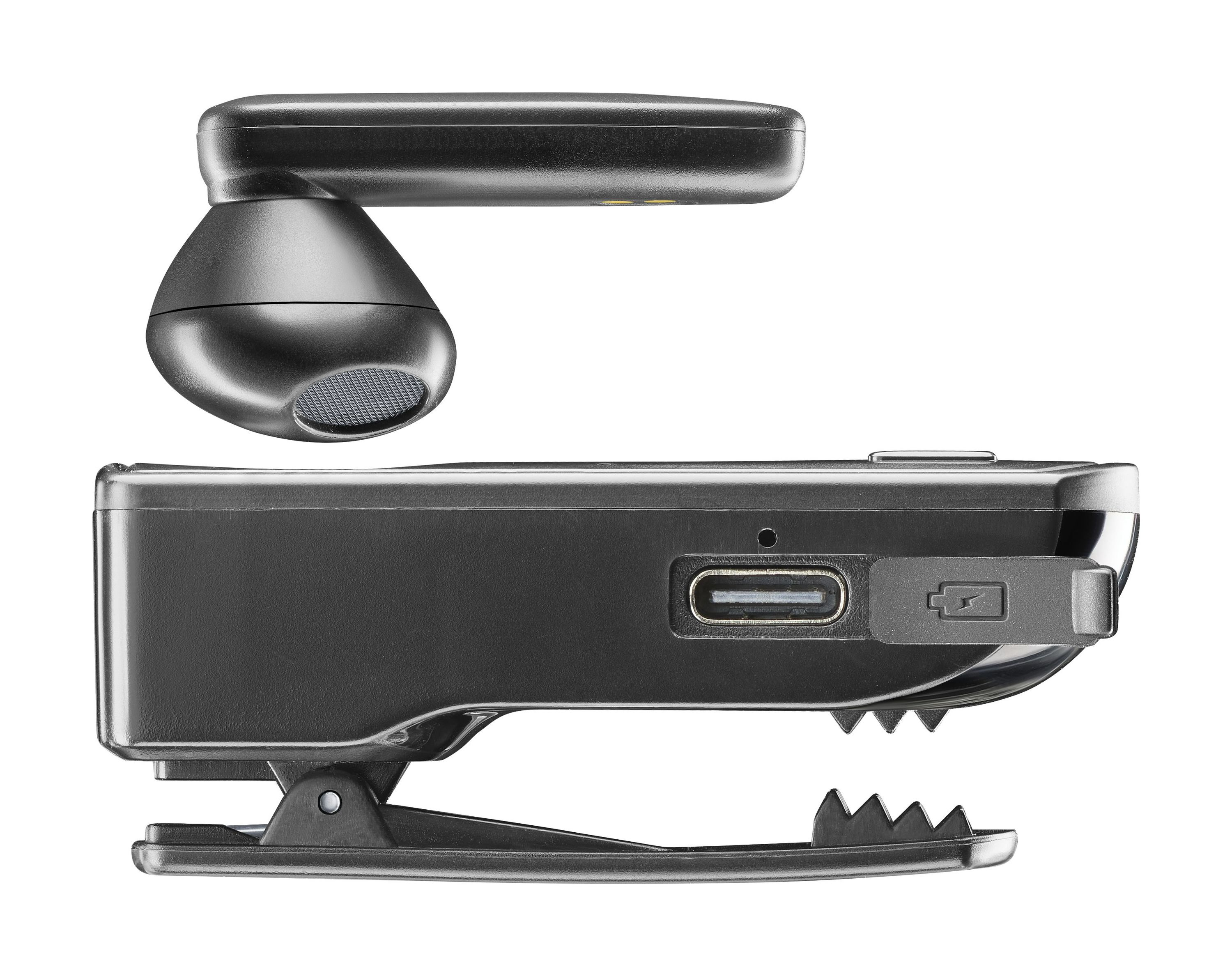 Cuffia Bluetooth nera. Ha un auricolare, un microfono, una clip e una porta USB per la ricarica.