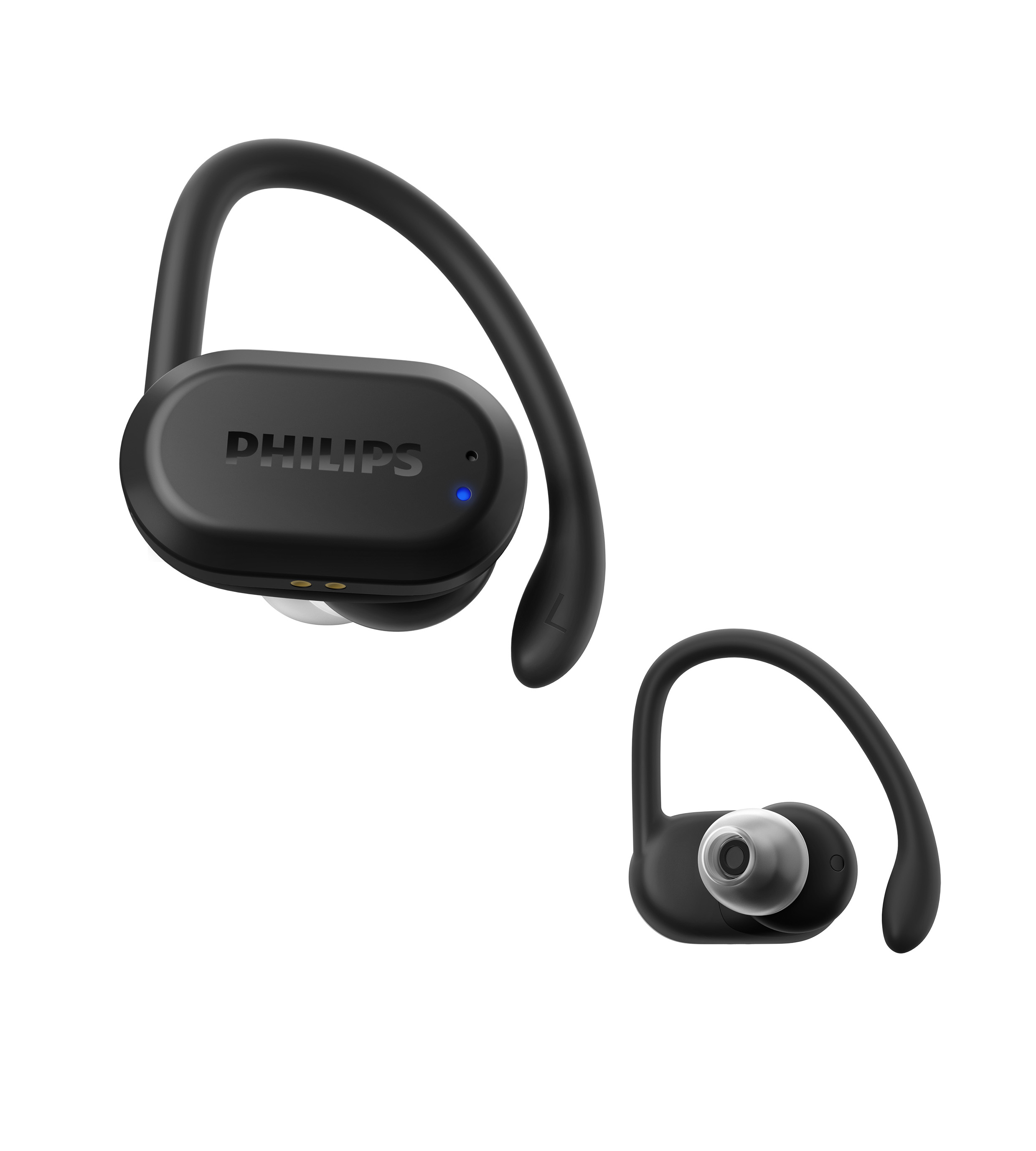 Due auricolari sportivi wireless Philips neri. Uno più grande, uno più piccolo, su sfondo bianco. Il più grande ha il marchio.