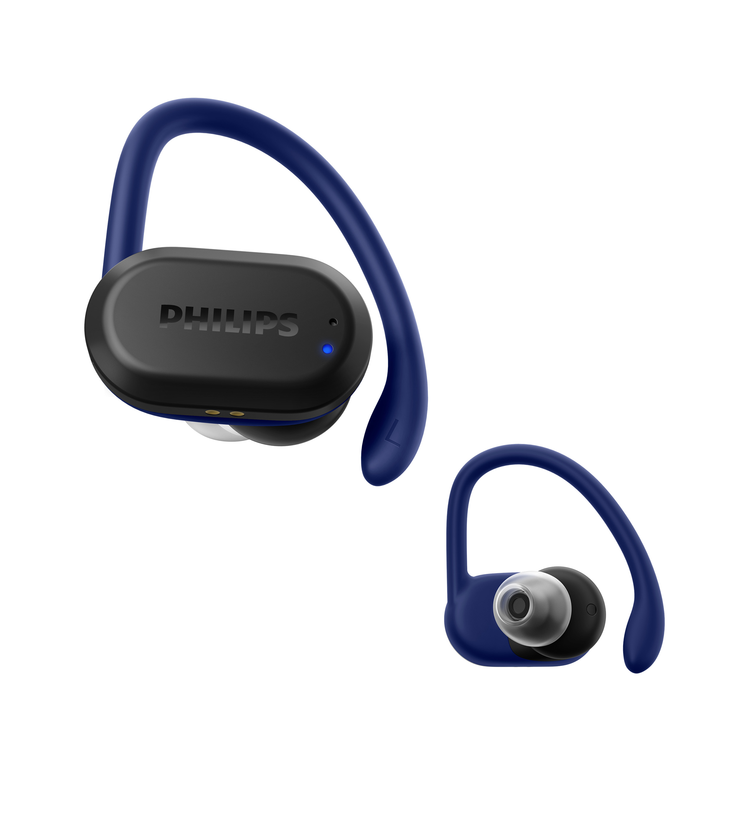 Due auricolari Philips blu e neri su sfondo bianco. Quello a sinistra è più grande. Ganci e auricolari visibili.