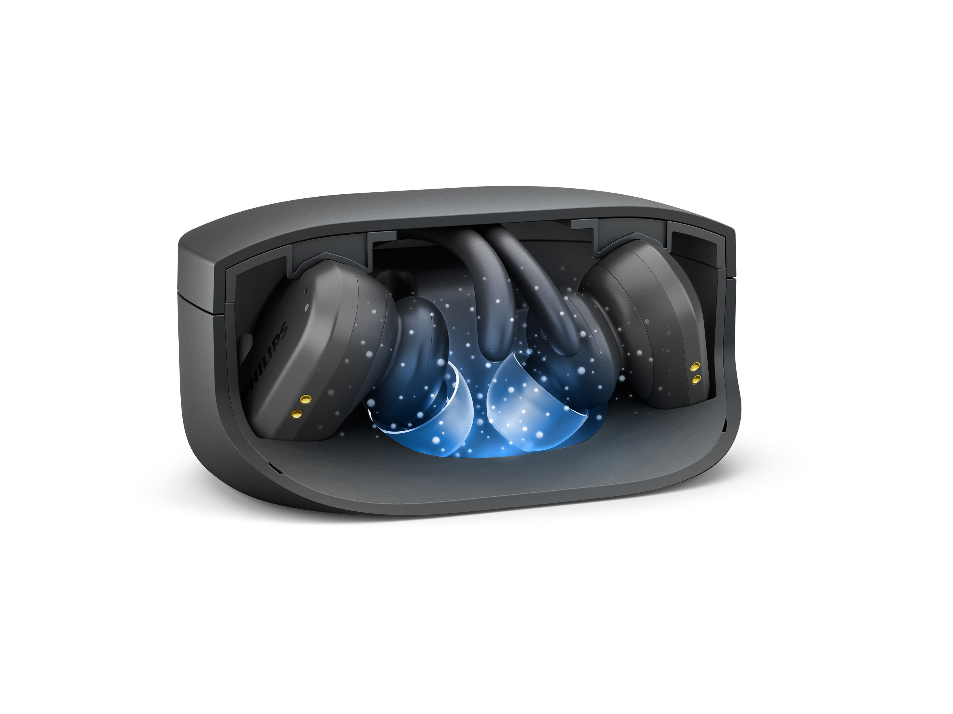 Auricolari neri in una custodia di ricarica, con effetti di luce blu. Il logo Philips è sugli auricolari.