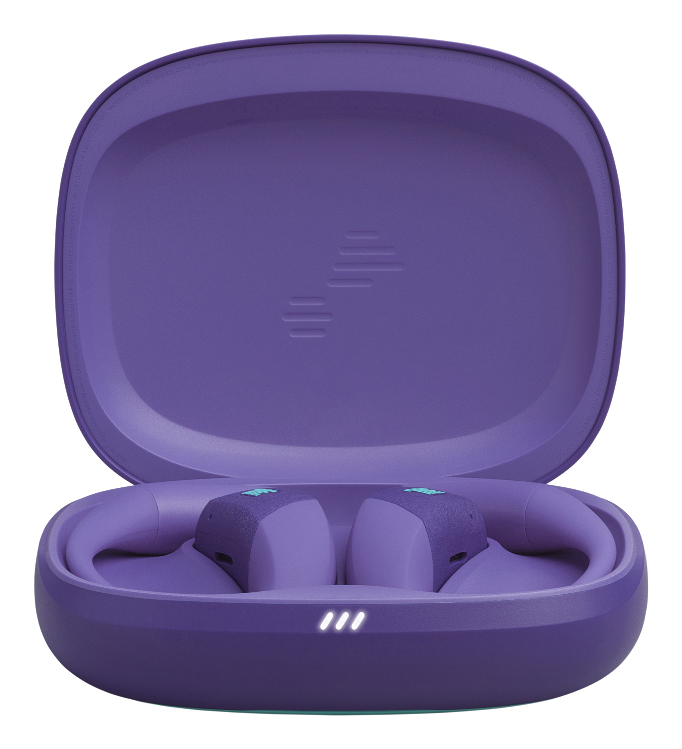 Auricolari viola in una custodia aperta. La custodia è viola con un coperchio. Tre luci bianche sul davanti. Auricolari viola bicolore.