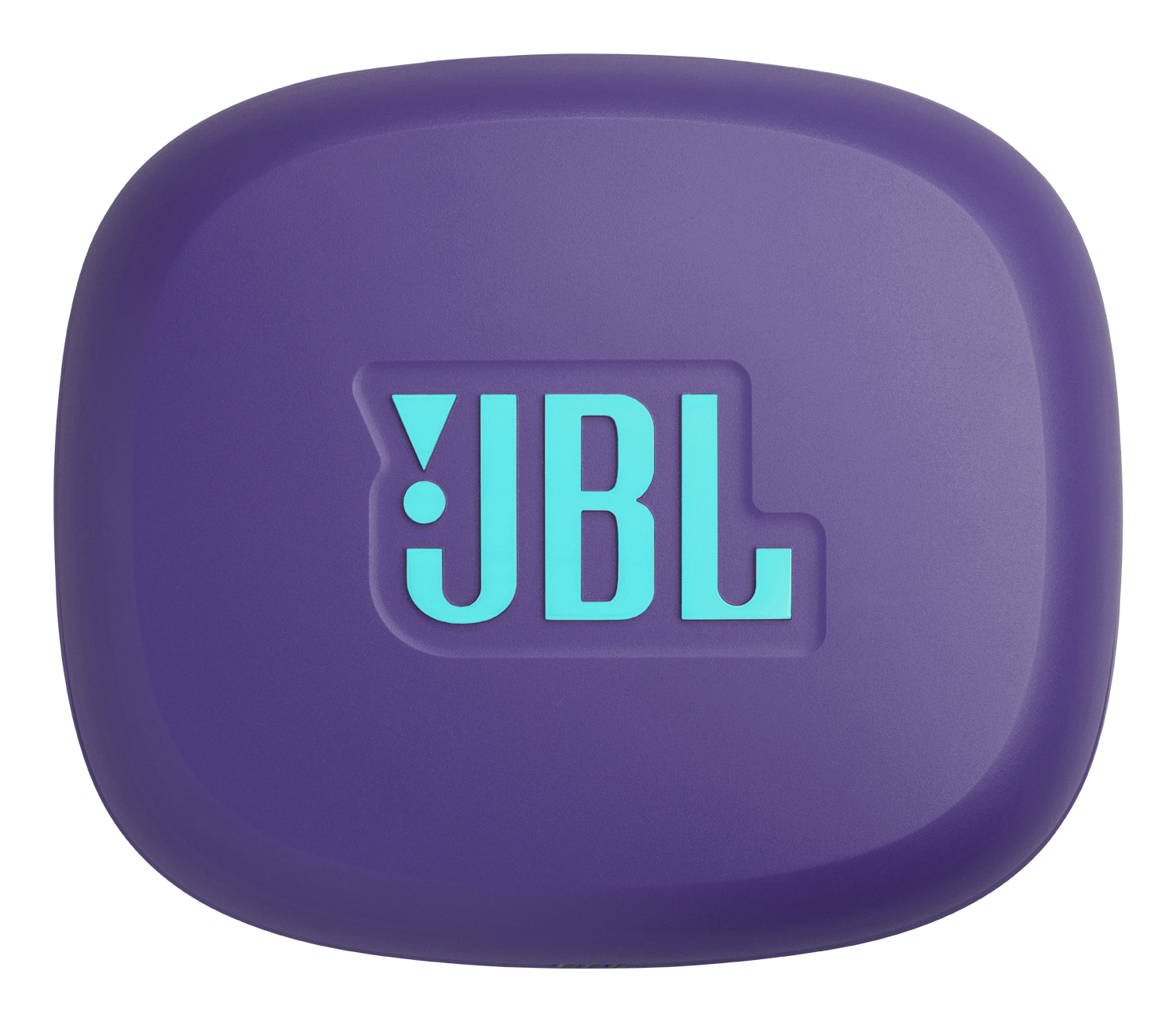 Una custodia JBL viola e arrotondata. Il logo JBL è azzurro. Sfondo bianco.