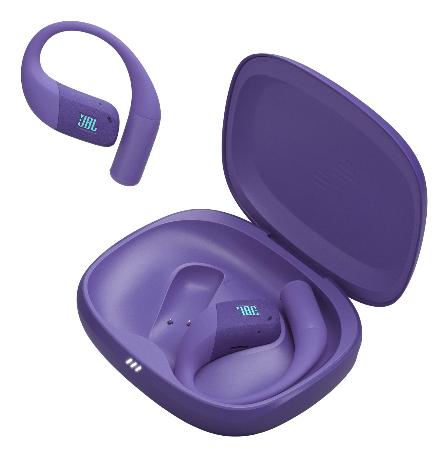 Auricolari JBL viola, uno fuori dalla custodia, uno dentro. Custodia aperta. Sfondo bianco. Gli auricolari hanno ganci per le orecchie e il logo JBL.
