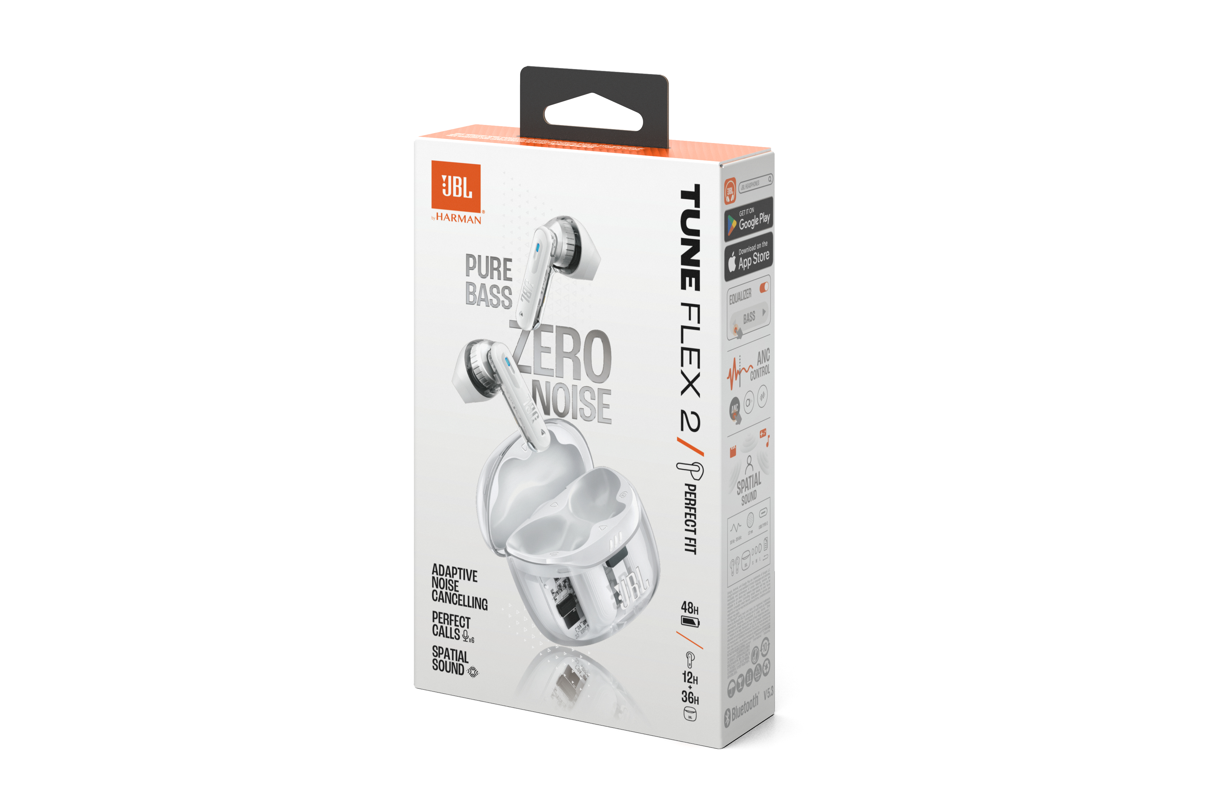 Verpackte JBL Tune Flex 2 Ohrhörer. Weiß und Silber, mit den Aufschriften 'Pure Bass' und 'Zero Noise'. Schwarzer Griff.
