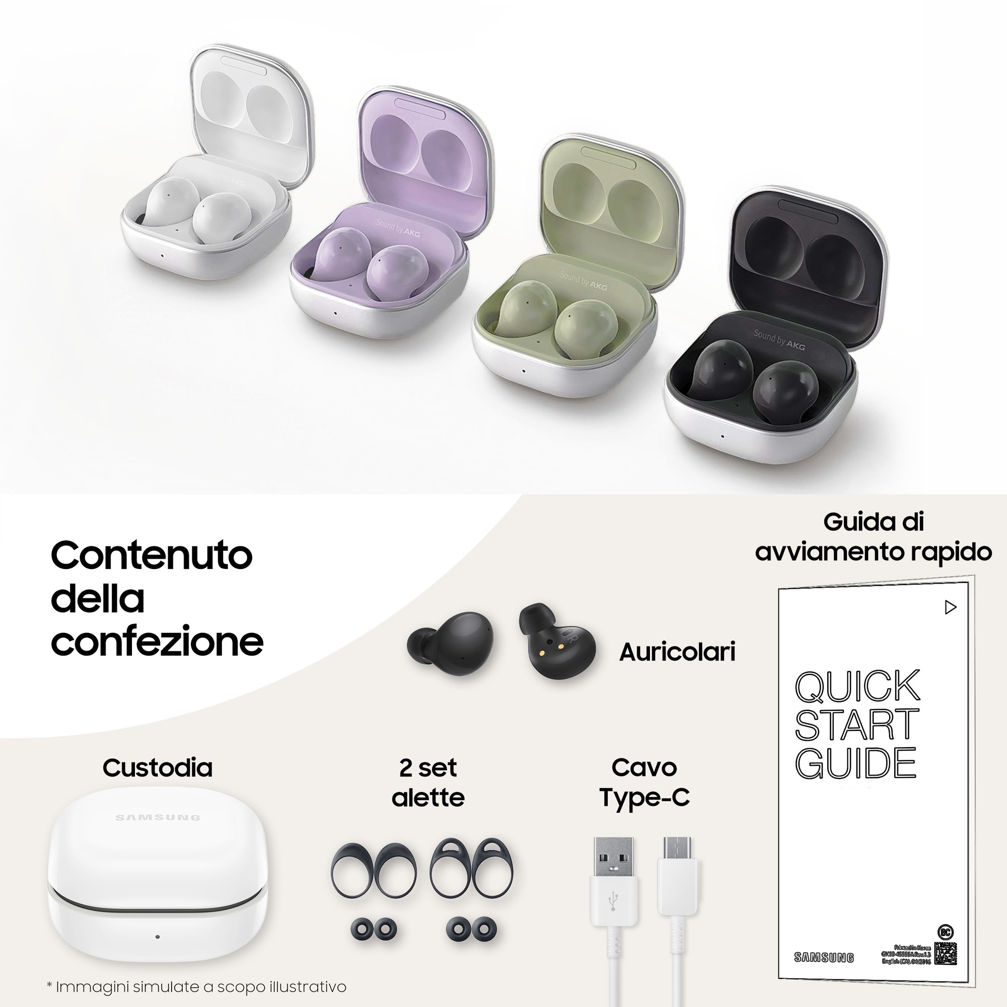 Kopfhörer in weißen, lila, grünen und schwarzen Hüllen. Zubehör umfasst Ohrstöpsel, USB-C-Kabel und eine Kurzanleitung.