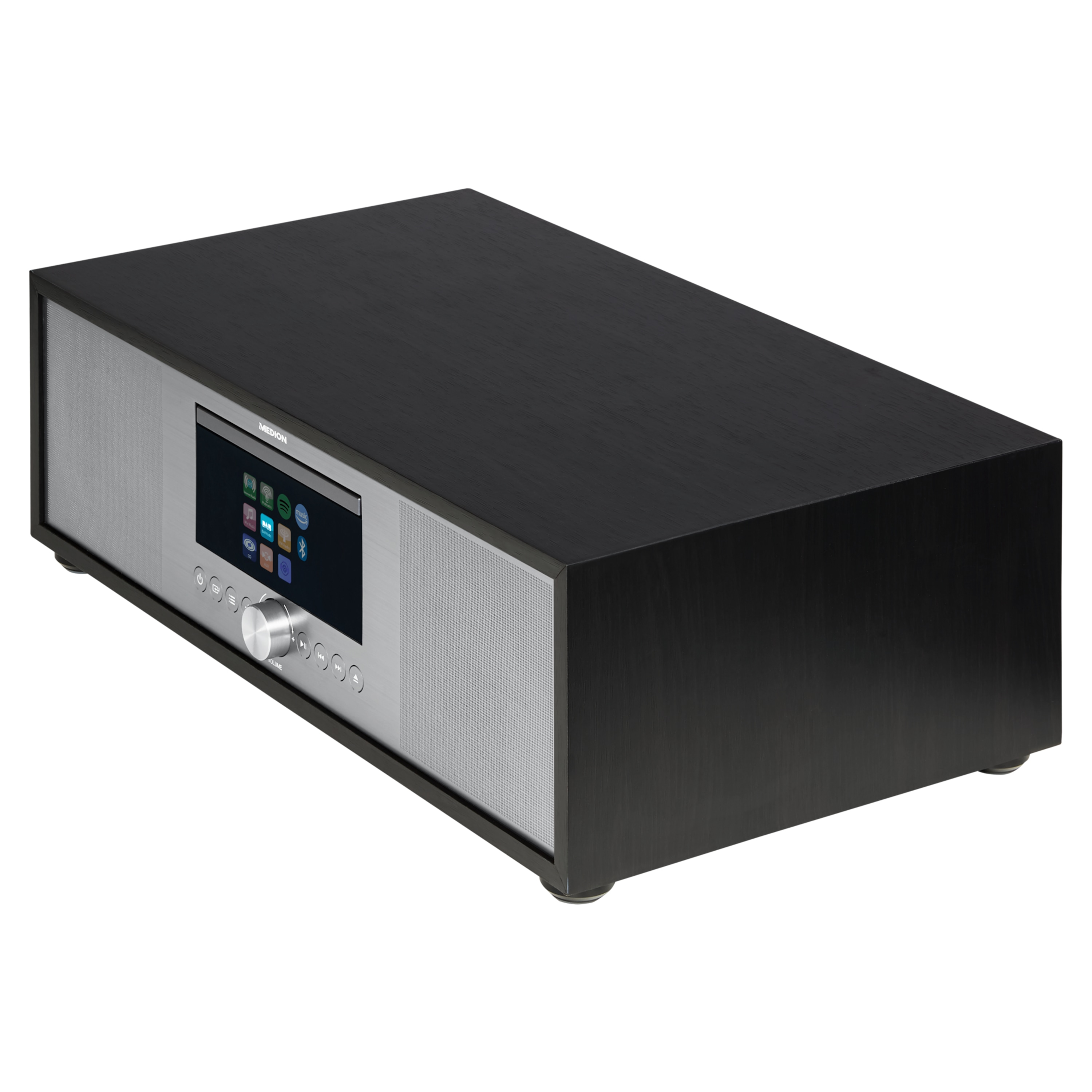 Un sistema de audio negro y plateado. Tiene una pantalla, botones y una perilla de volumen. La parte superior es negra y el frente es plateado.