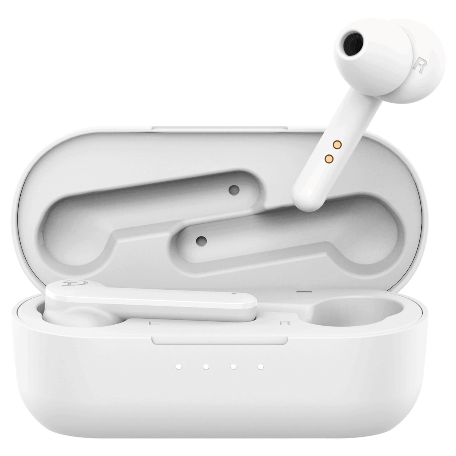 Auricolari wireless bianchi in una custodia di ricarica aperta. Un auricolare è all'esterno. La custodia ha tre spie di ricarica.