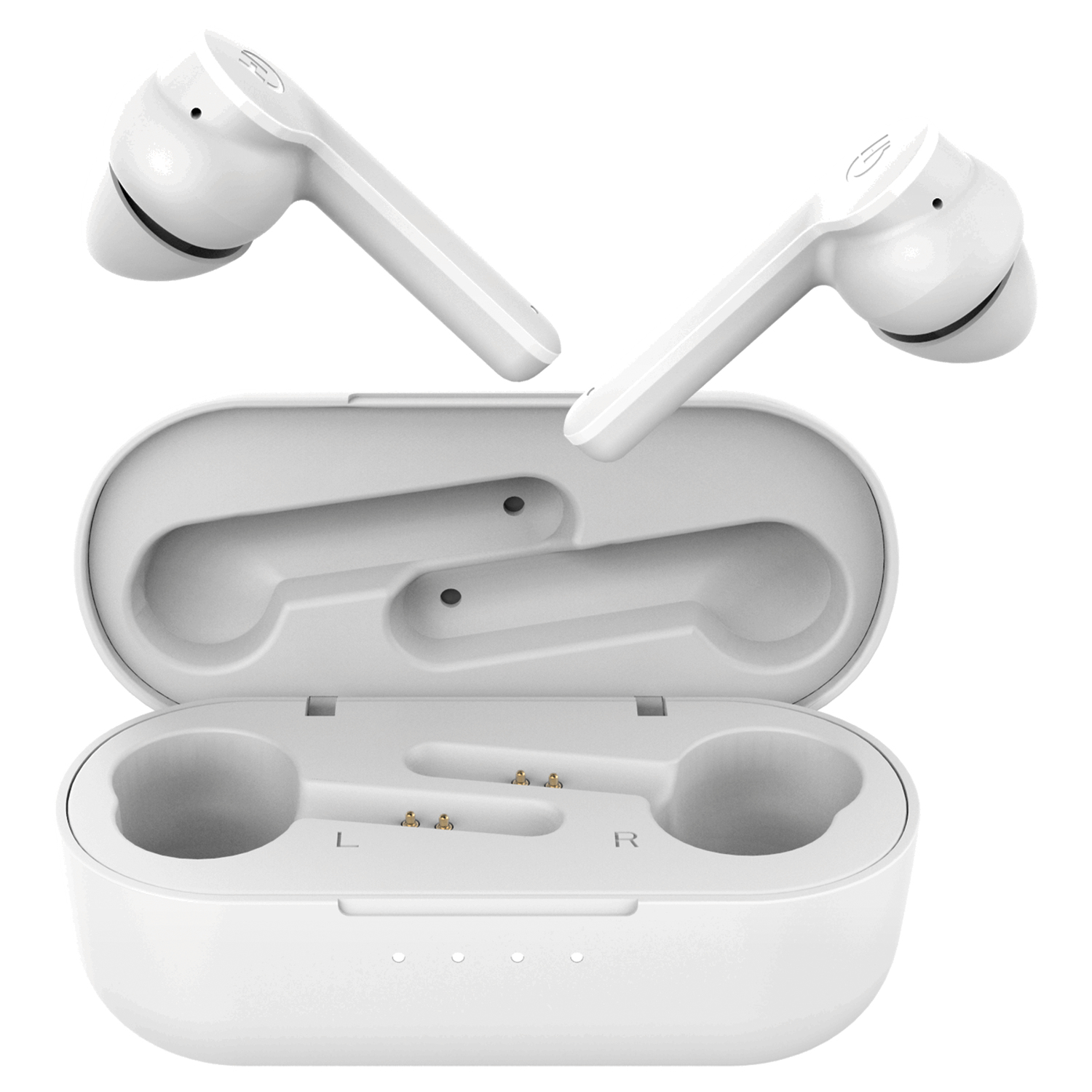 Auricolari wireless bianchi e custodia di ricarica. Gli auricolari sono visualizzati separatamente e all'interno della custodia aperta, con etichetta 'L' e 'R'.