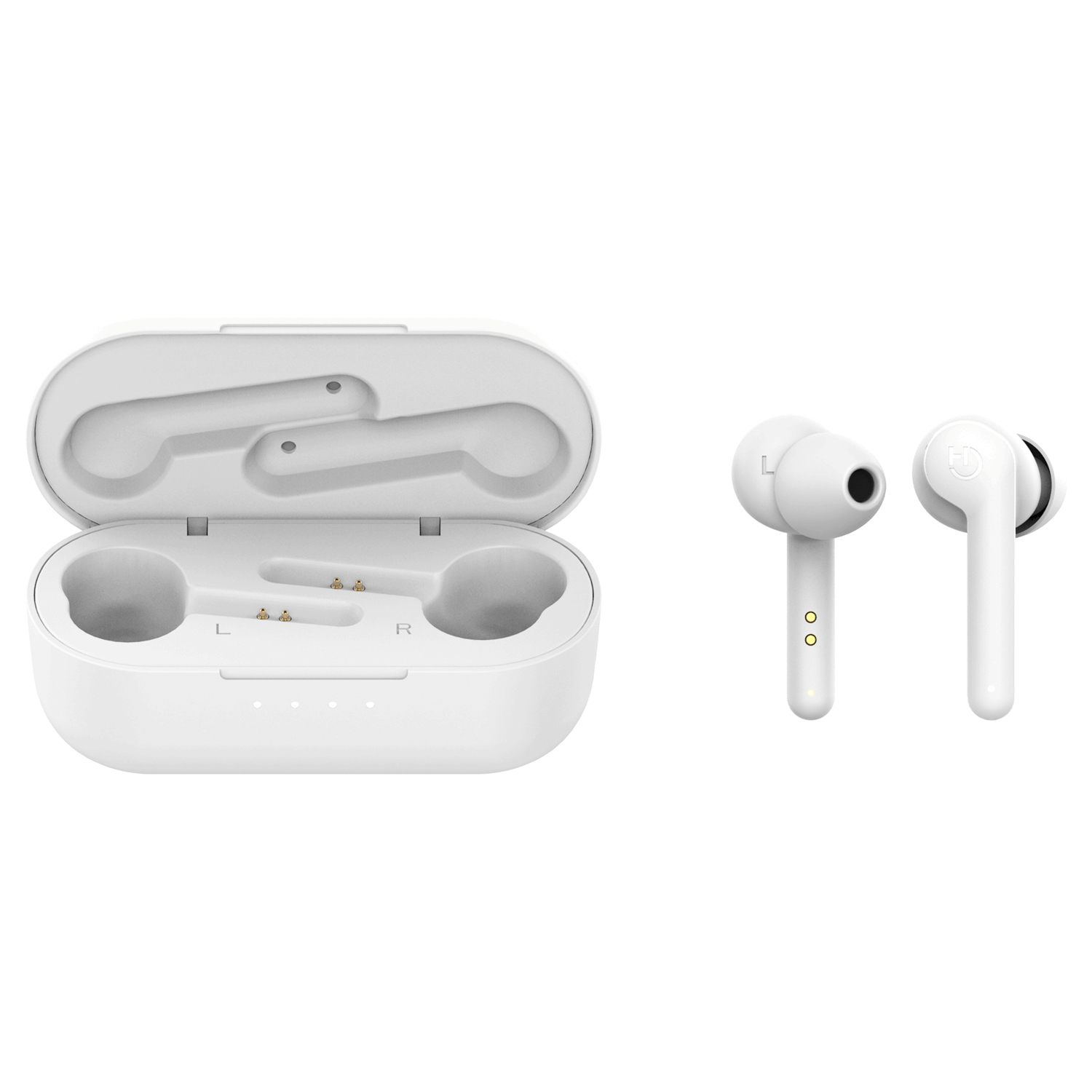 Auricolari wireless bianchi e custodia di ricarica. La custodia è aperta, gli auricolari sono accanto. Ogni auricolare ha un'asta.