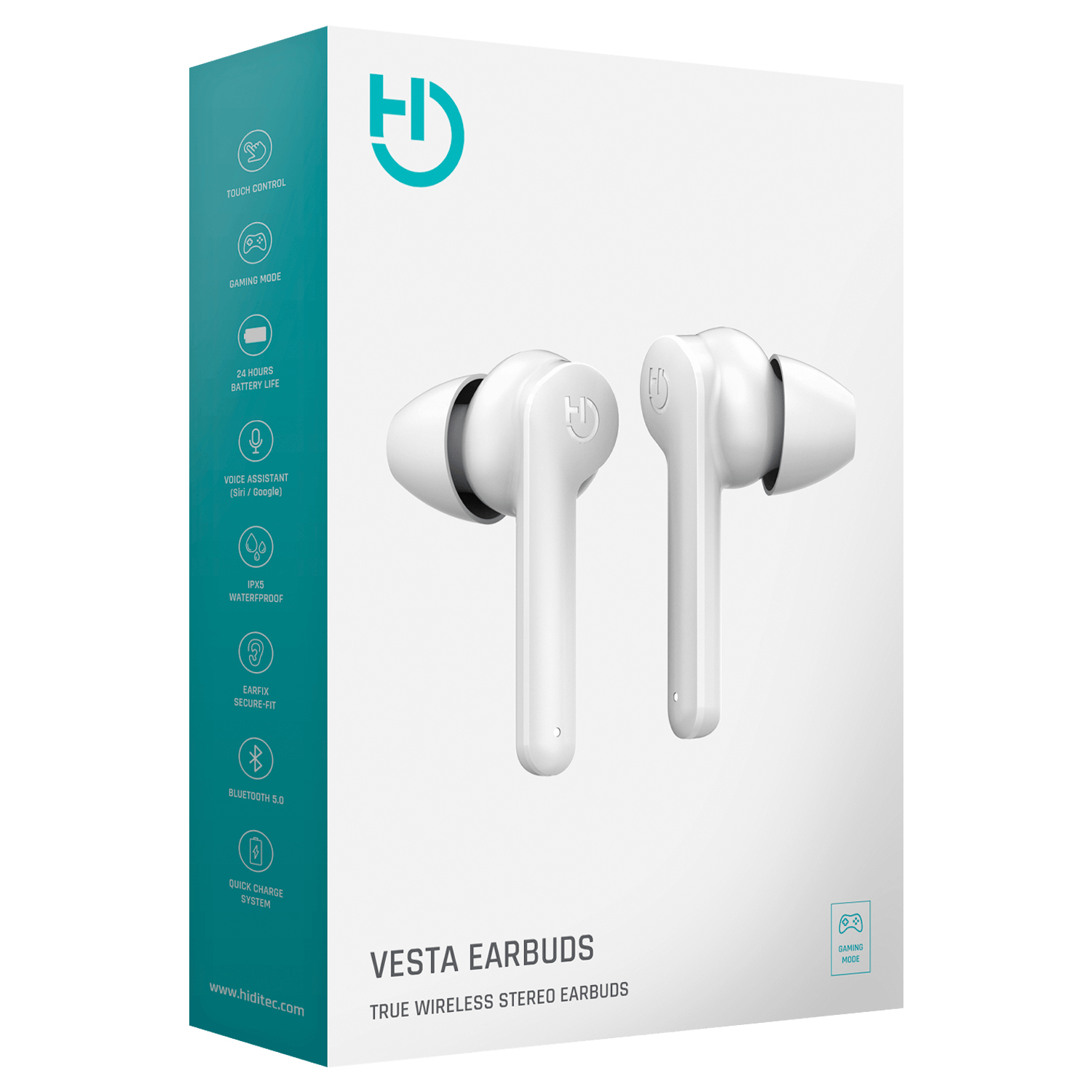 Auricolari Vesta bianchi su una scatola bianca. Include controllo touch, modalità gioco, batteria da 24 ore, assistente vocale e Bluetooth 5.0.
