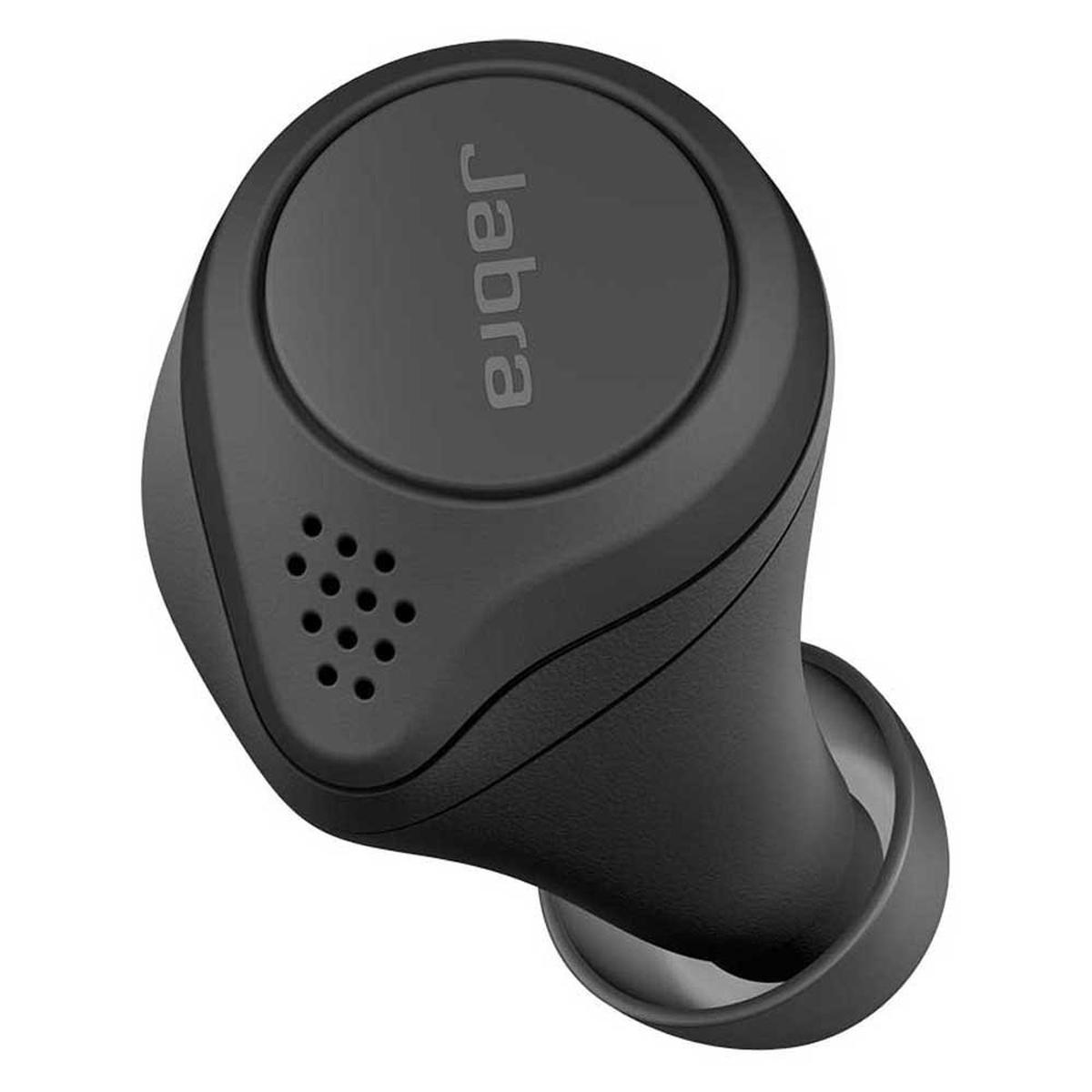 Primo piano di un auricolare wireless Jabra nero. Presenta il logo Jabra e una serie di piccoli fori.