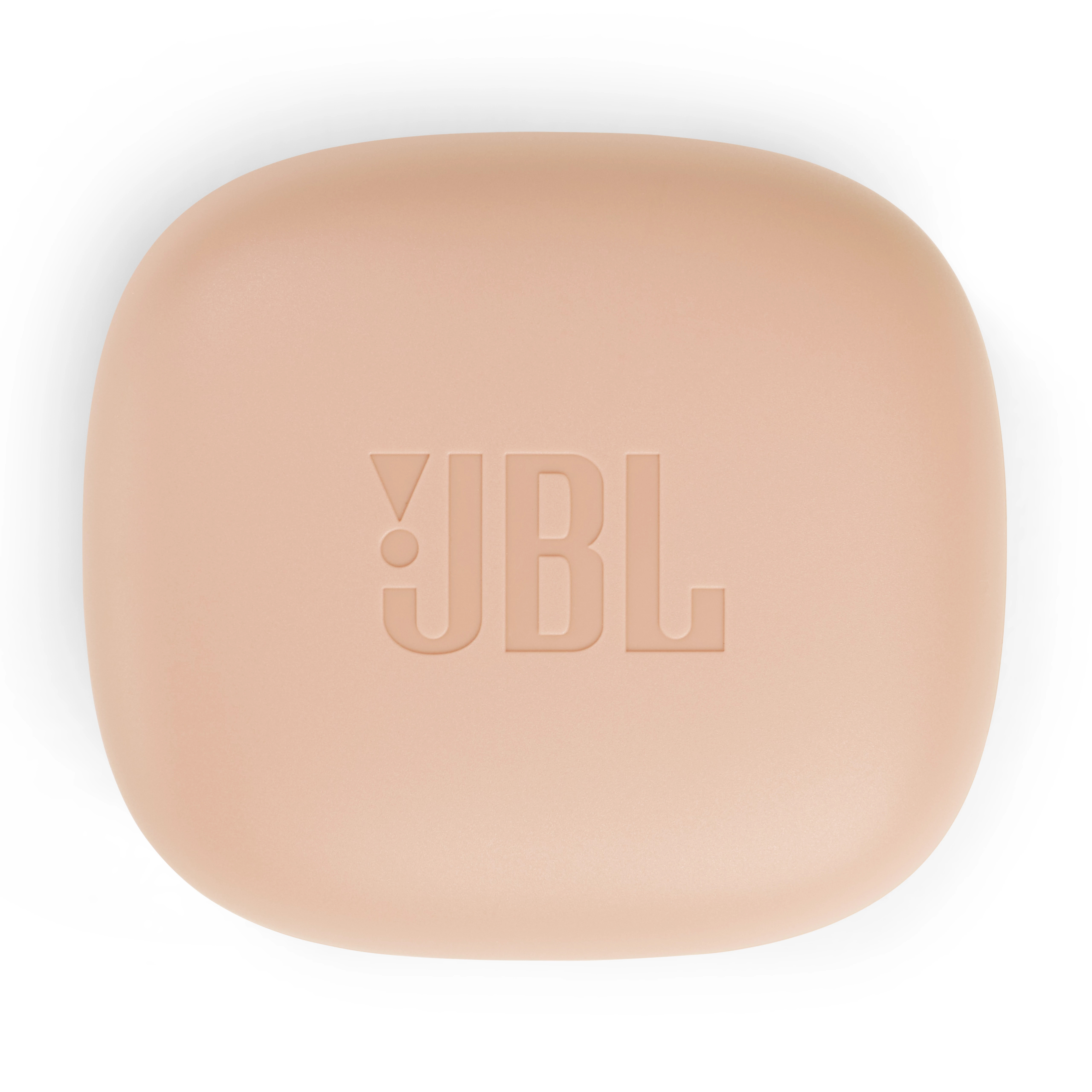 Een licht perzikkleurige JBL-case, afgeronde randen en het JBL-logo.