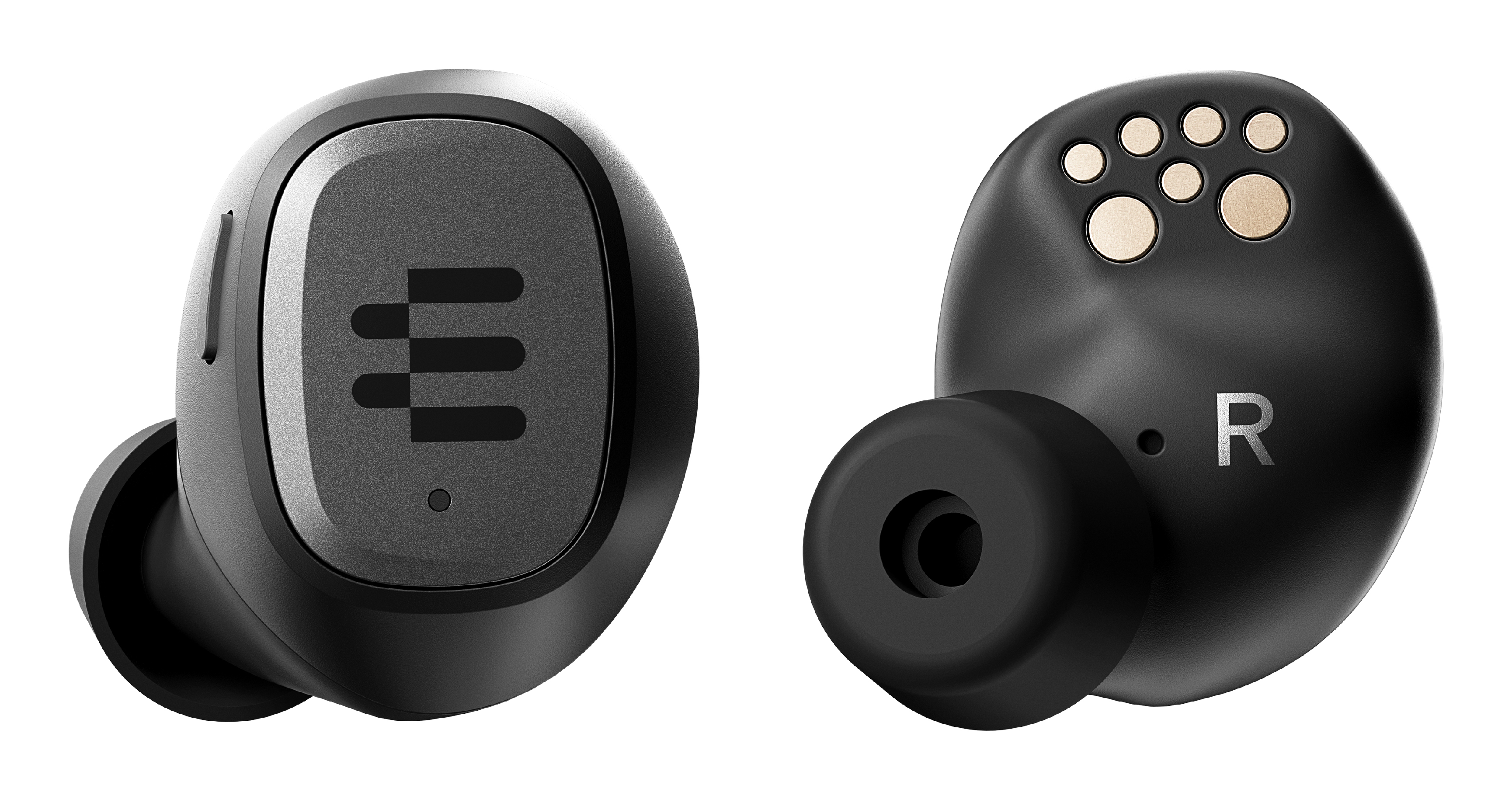 Due auricolari wireless neri. Uno mostra un logo, l'altro la lettera 'R'. Entrambi su sfondo bianco.