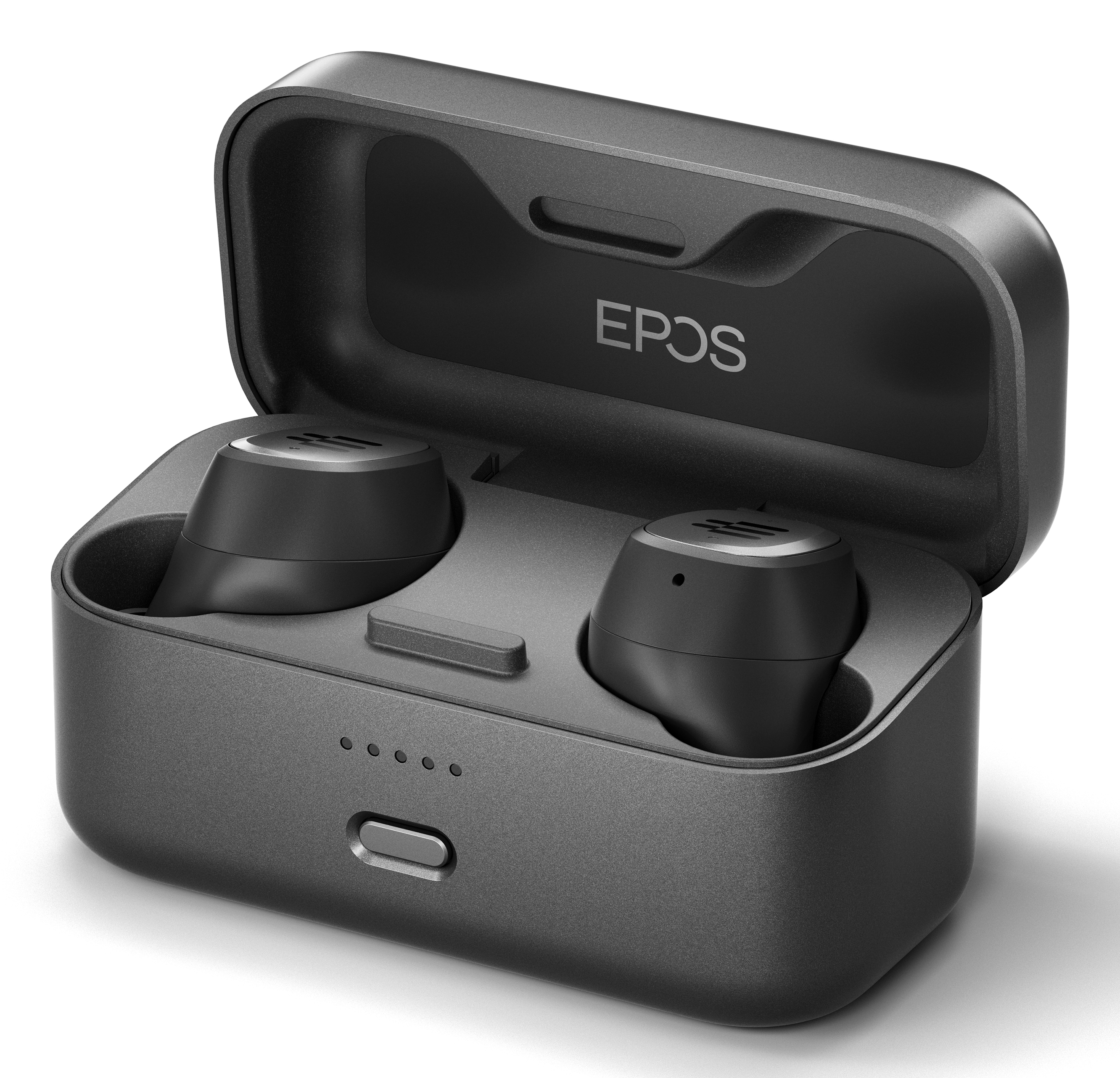 Una custodia nera per auricolari wireless EPOS, aperta, con due auricolari all'interno. La custodia è grigio scuro.