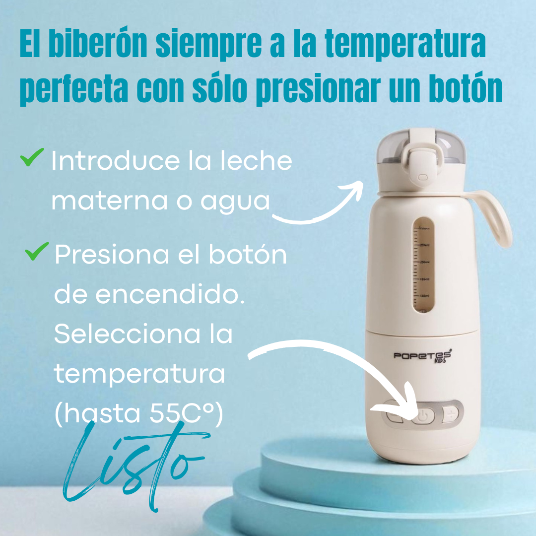 Imagen muestra un calienta biberones con instrucciones: agregar leche, presionar botón, seleccionar temperatura.