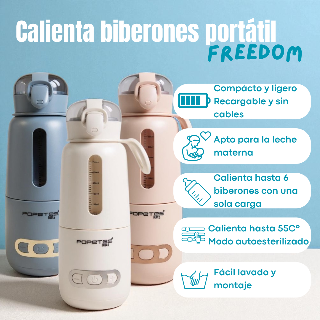Se muestran tres calientabiberones de diferentes colores, con las características del producto. El texto destaca la portabilidad y facilidad de uso.