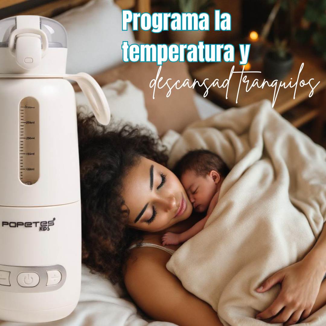 Una mujer y un bebé recién nacido duermen plácidamente bajo una manta. Un biberón blanco está en primer plano. El texto se superpone a la imagen.