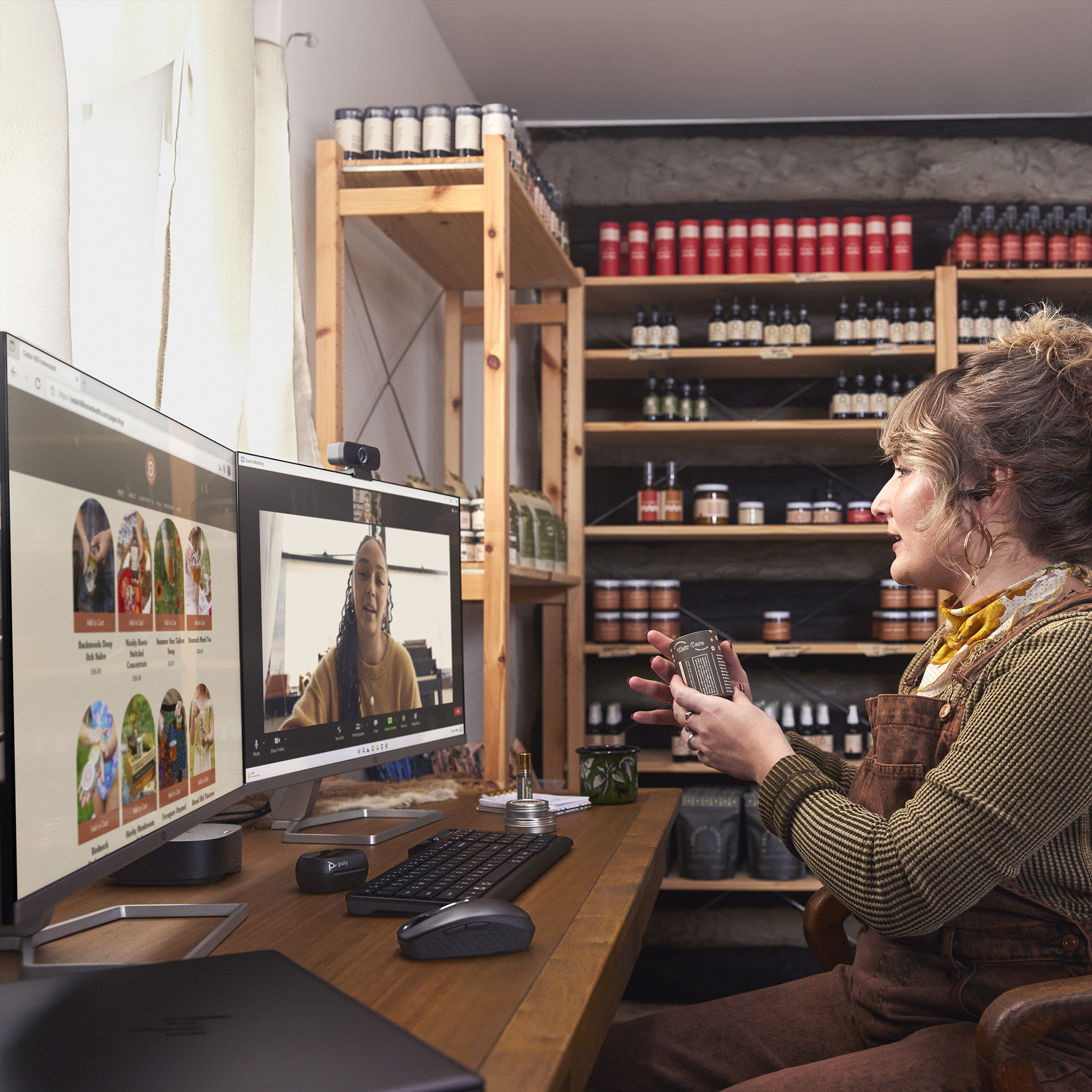 Frau in Latzhose bei einem Videoanruf, hält ein Produkt. Zwei Monitore zeigen eine Website und einen Videoanruf. Regale mit Produkten im Hintergrund.