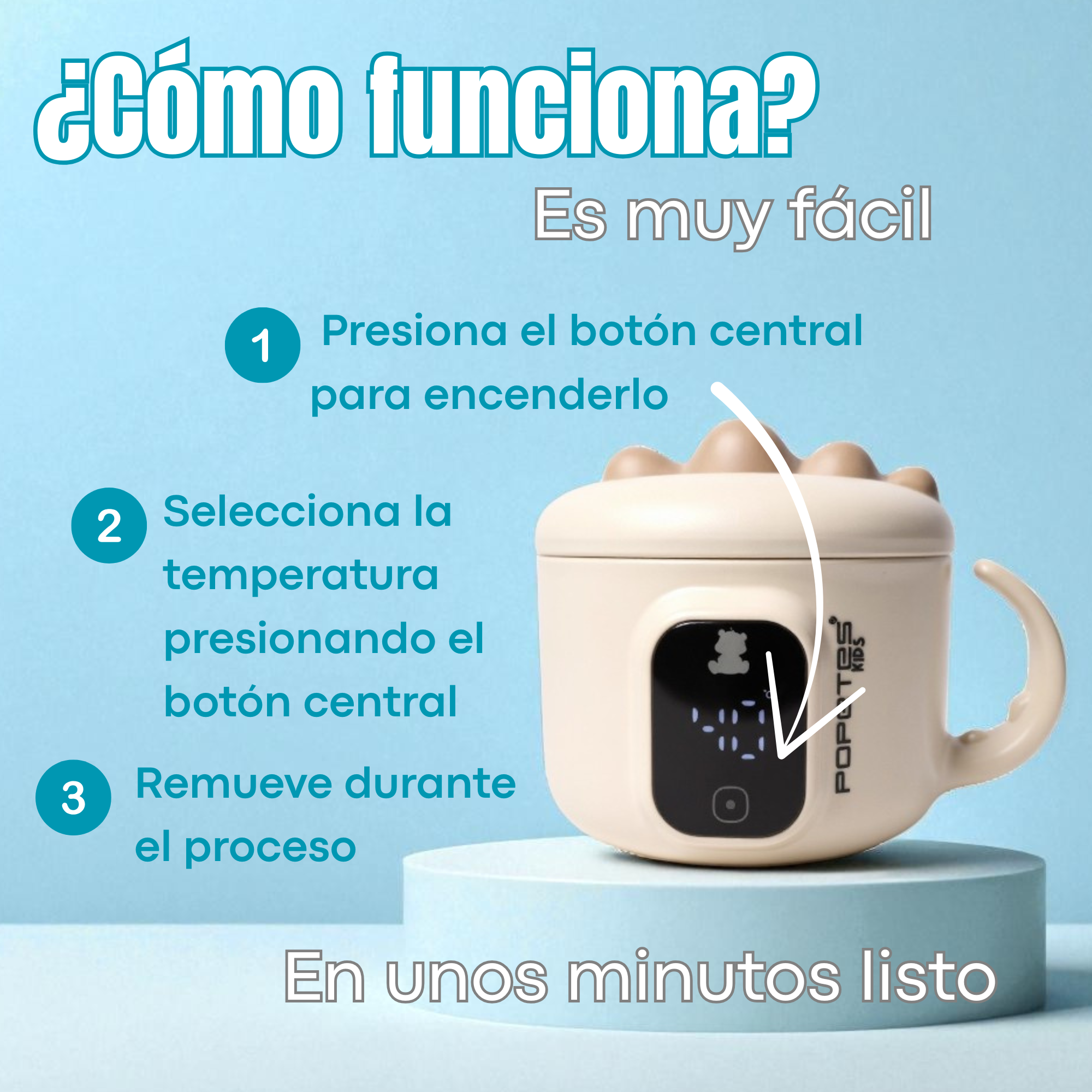 Instrucciones sobre cómo usar un calienta biberones con los pasos 1-3. Incluye un calienta biberones blanco.