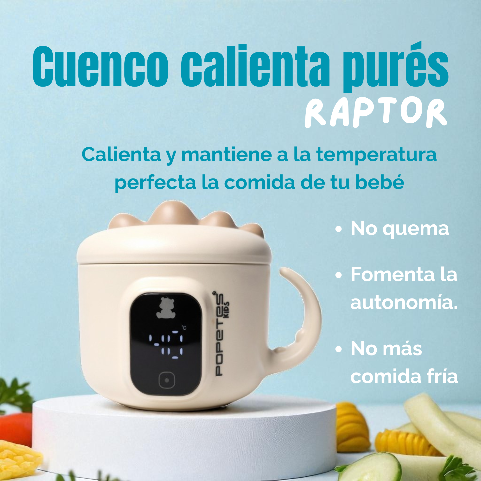 Un calienta comidas para bebés crema con asa y pantalla. Texto arriba dice 'Cuenco calienta purés'. Verduras en primer plano.