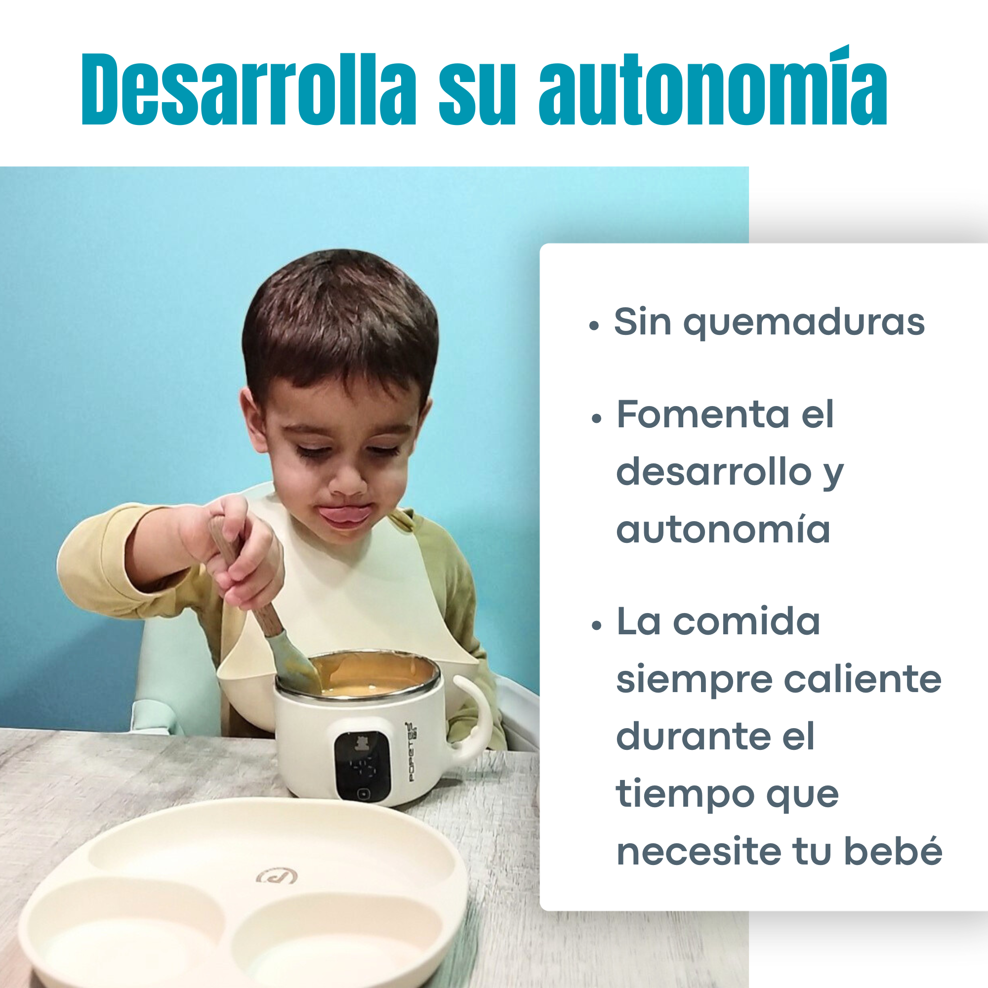 Un niño pequeño come de un cuenco blanco con una cuchara. Un plato blanco está en primer plano. Texto en el lado derecho.