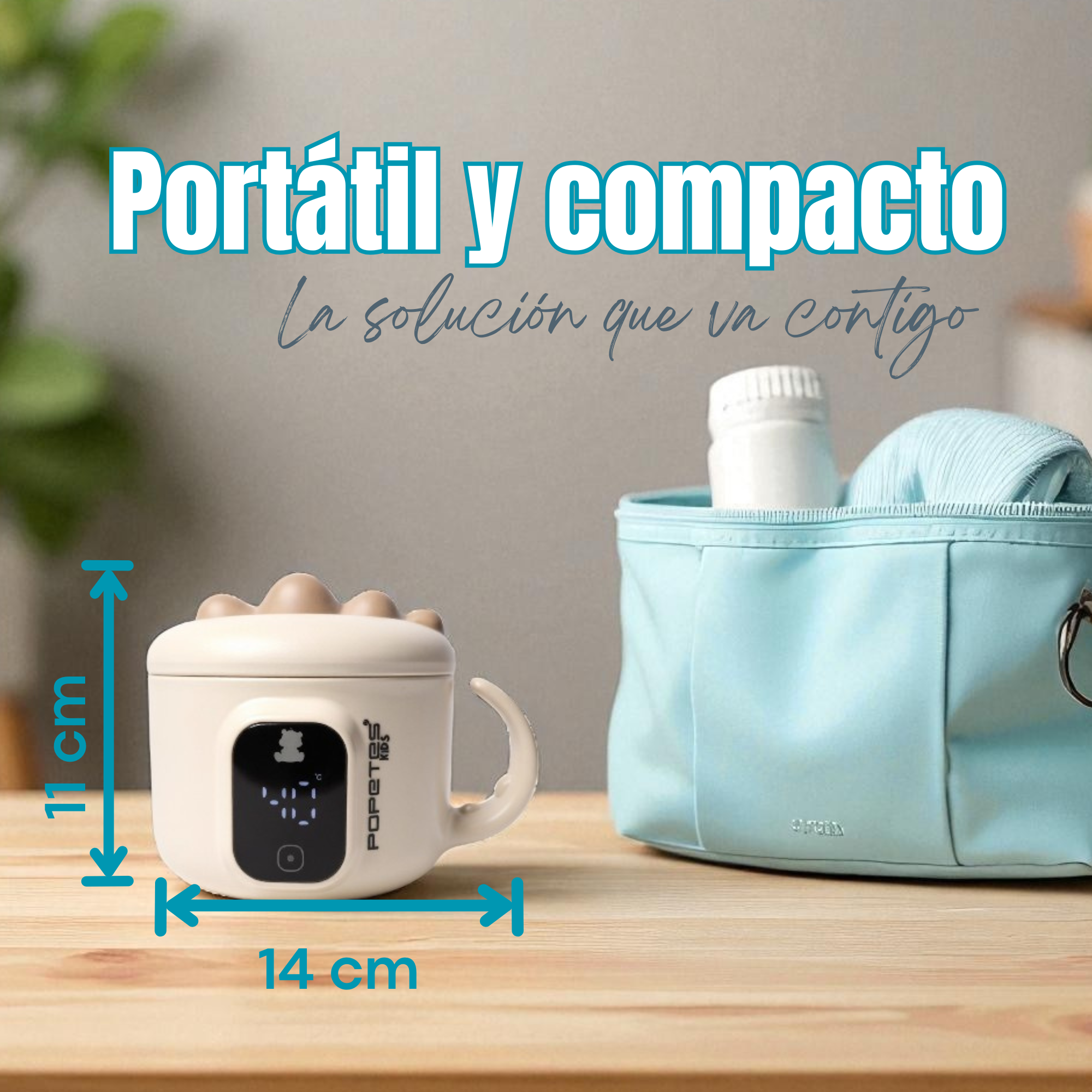 Una taza blanca con pantalla digital, una bolsa azul y texto en español: Portátil y compacto, solución que te acompaña.