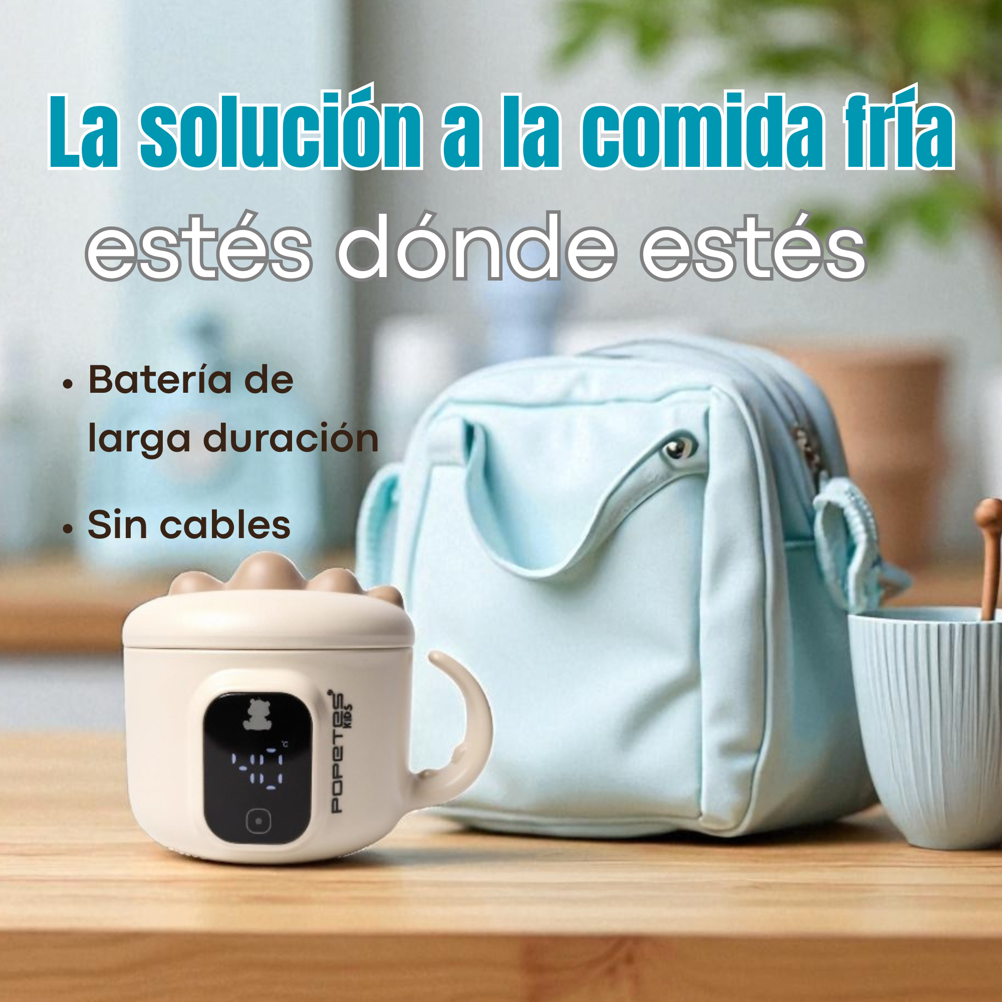 La imagen muestra una taza blanca con una pantalla digital. Una bolsa y taza azules en el fondo. Texto: solución para comida fría.