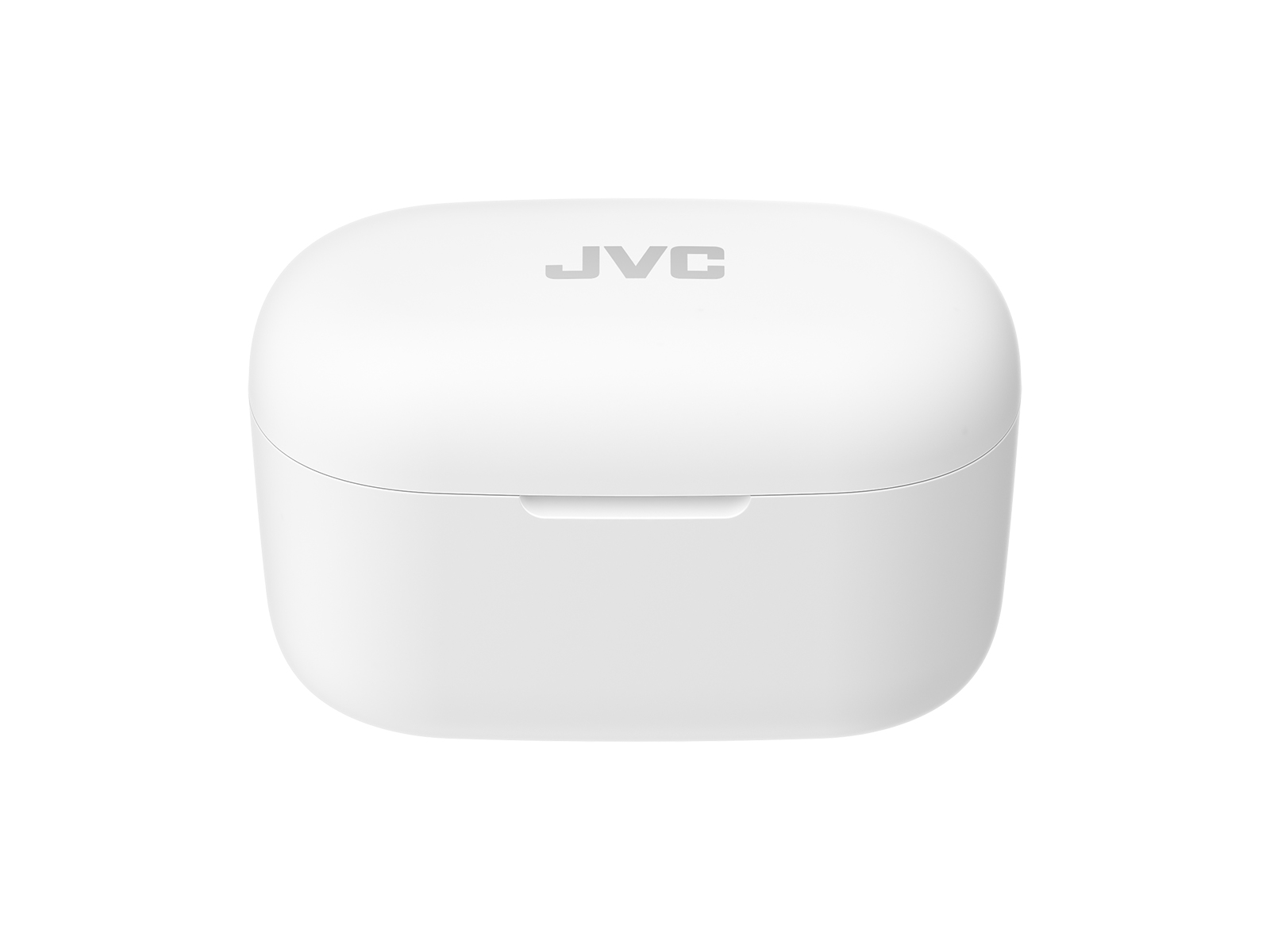 Una custodia di ricarica bianca per auricolari JVC è centrata su uno sfondo bianco. La custodia è rettangolare con bordi arrotondati e un coperchio.