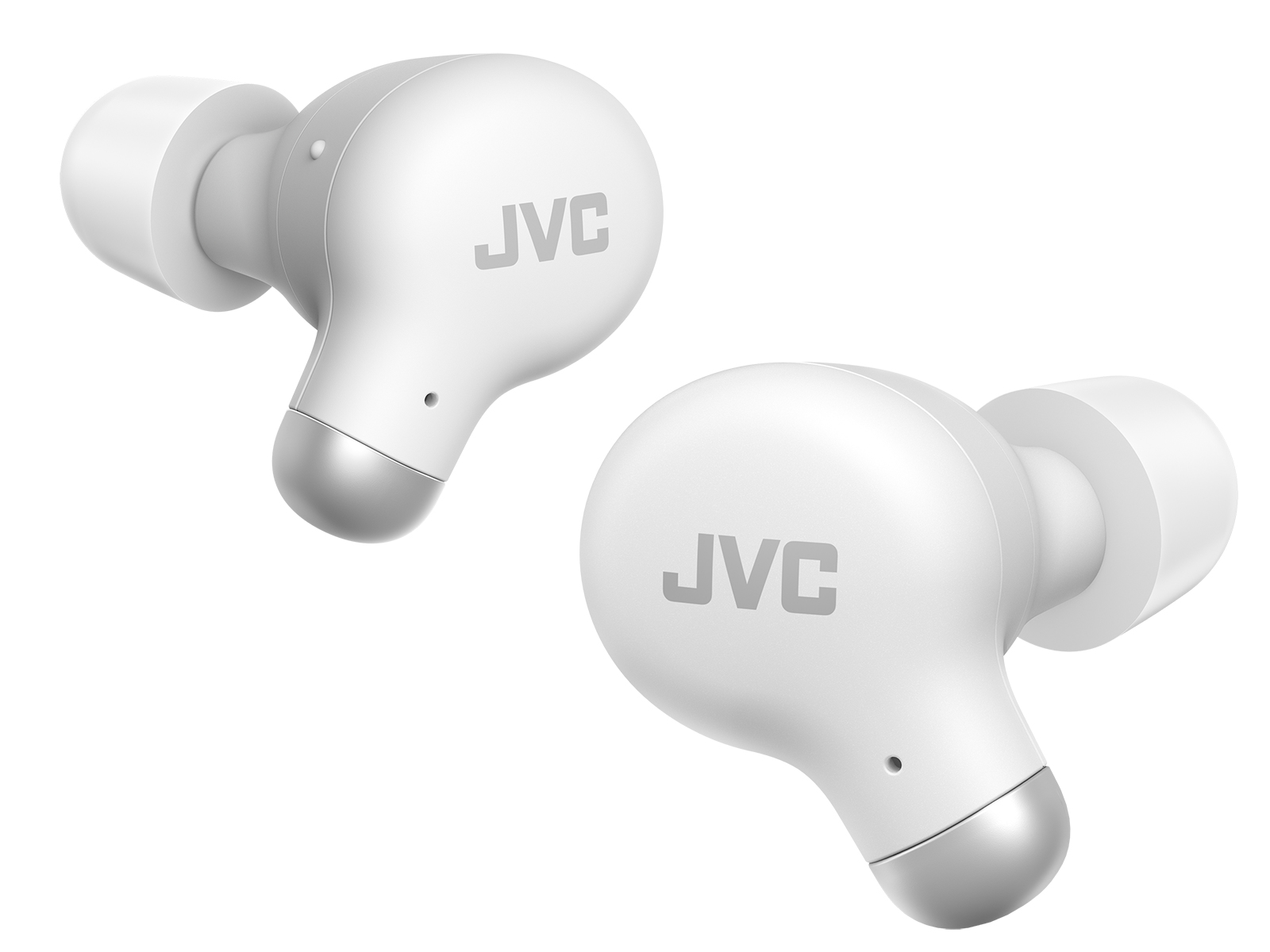 Due auricolari JVC bianche. Gli auricolari hanno dettagli argentati e sono su sfondo bianco. Il logo JVC è visibile.