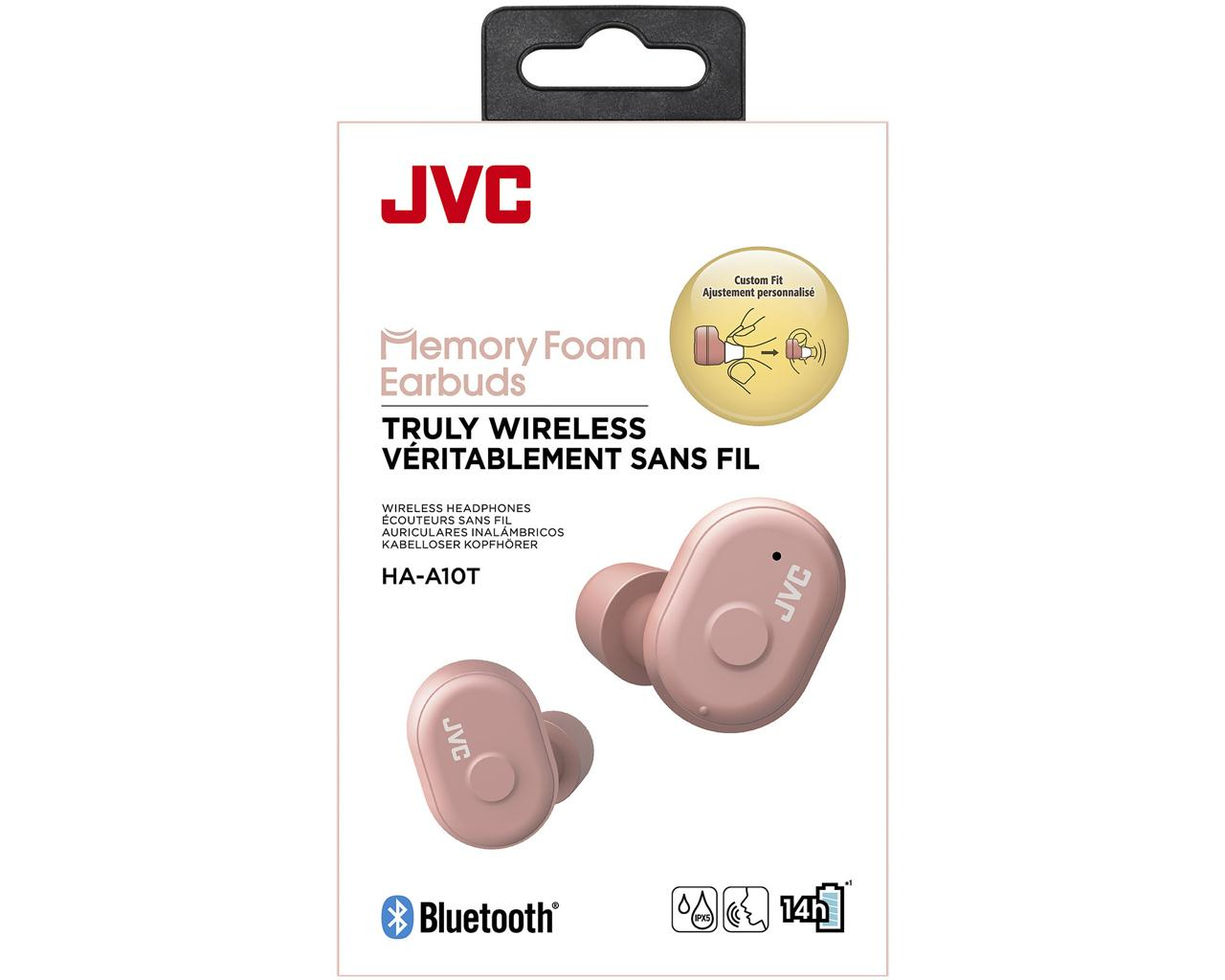 Auricolari JVC rosa su una scatola bianca. Il testo include 'Memory Foam Earbuds', 'Truly Wireless' e 'Bluetooth'. Modello HA-A10T.