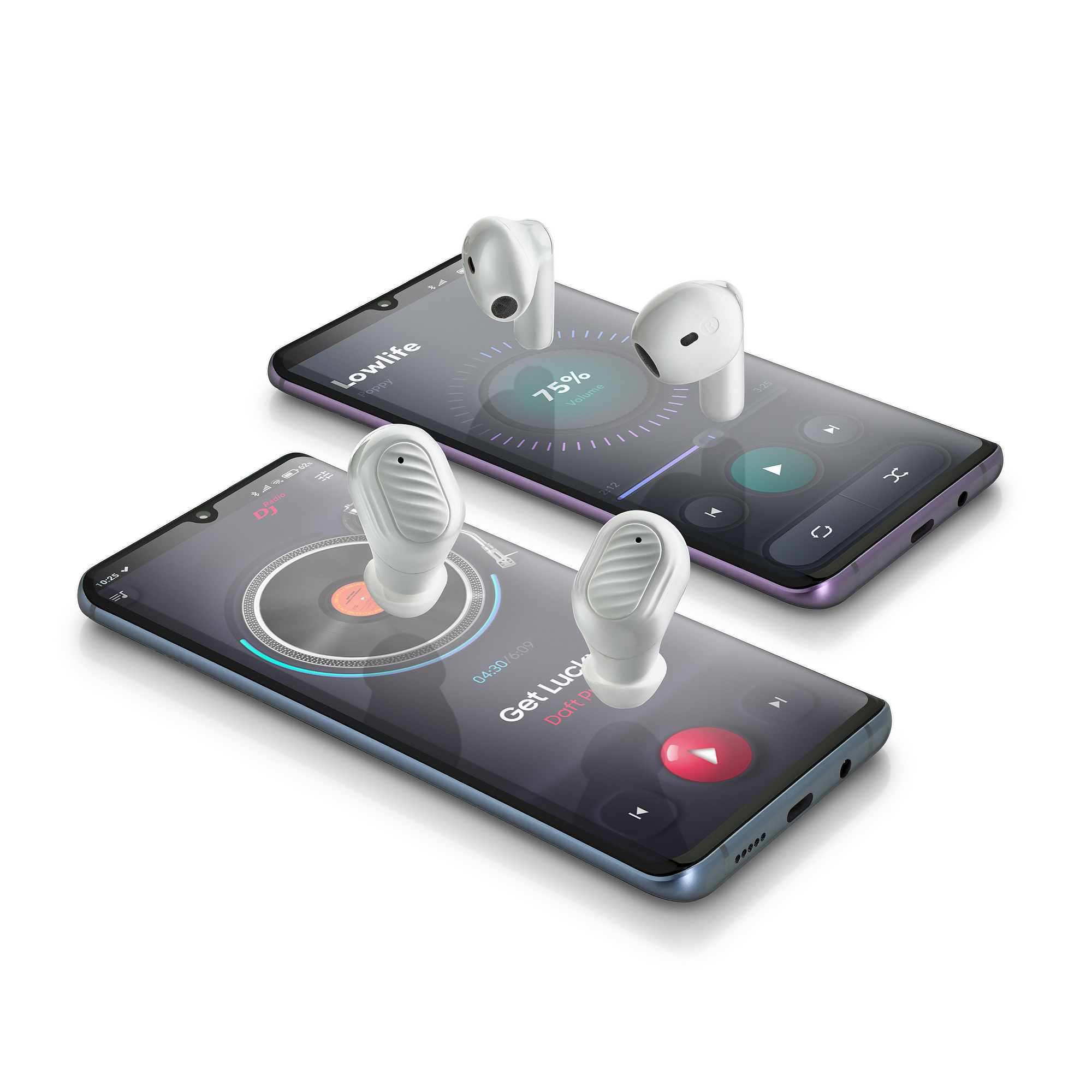 Zwei Smartphones mit Musik-Apps und weißen Ohrhörern. Ein Telefon zeigt 'Lowlife', das andere 'Get Lucky'.