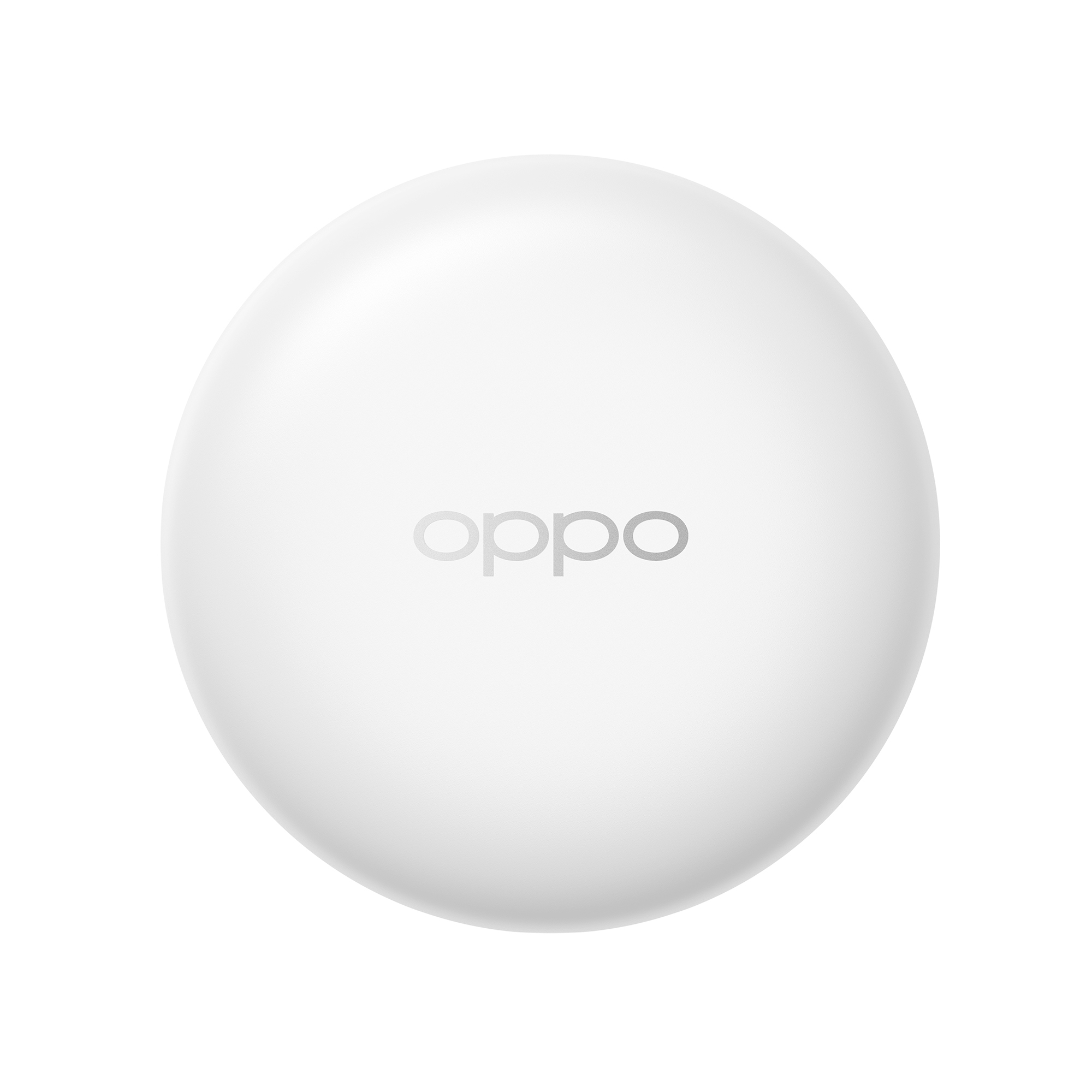 Un appareil Oppo blanc et sphérique avec le logo de la marque en argent. Le fond est blanc.